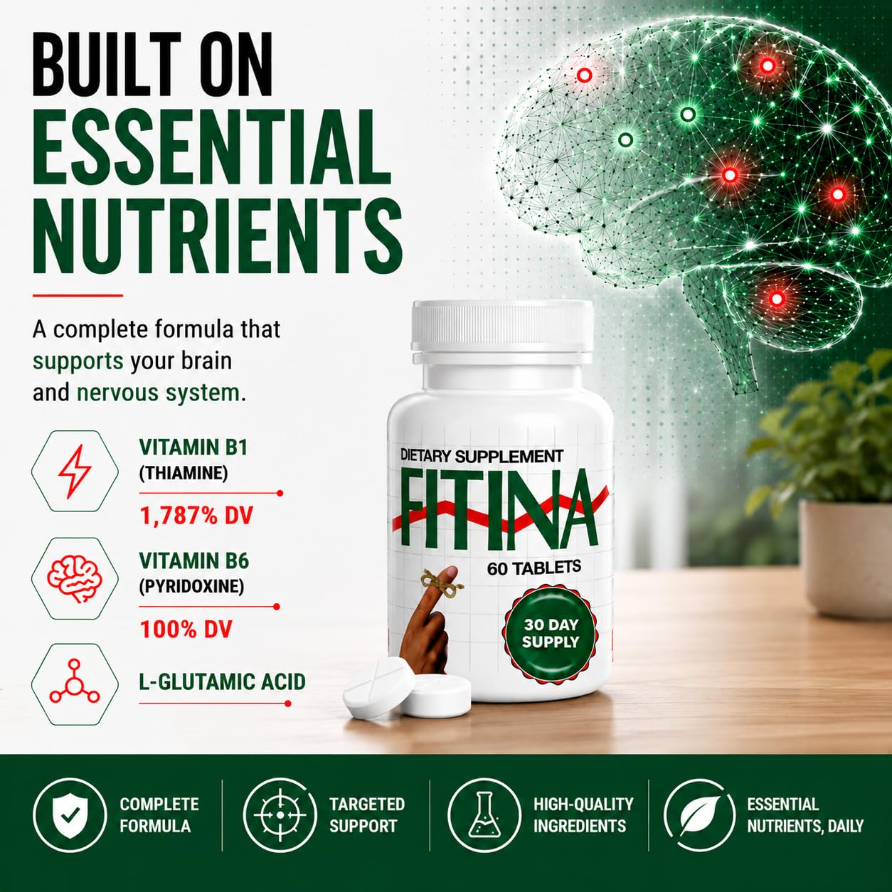 Fitina Brain Supplements for Memory and Focus with Vitamin B6 & Thiamine, 120 Tablets