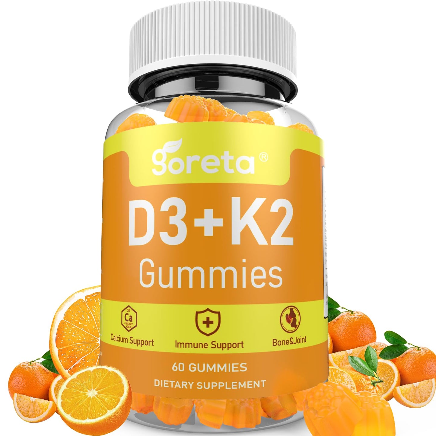 Goreta Vitamin D3 K2 Gummies for Adults with Calcium and Magnesium, 10000 IU Vitamin D3, MK-7, Orange Flavor, Pectin Based, 60 Gummies