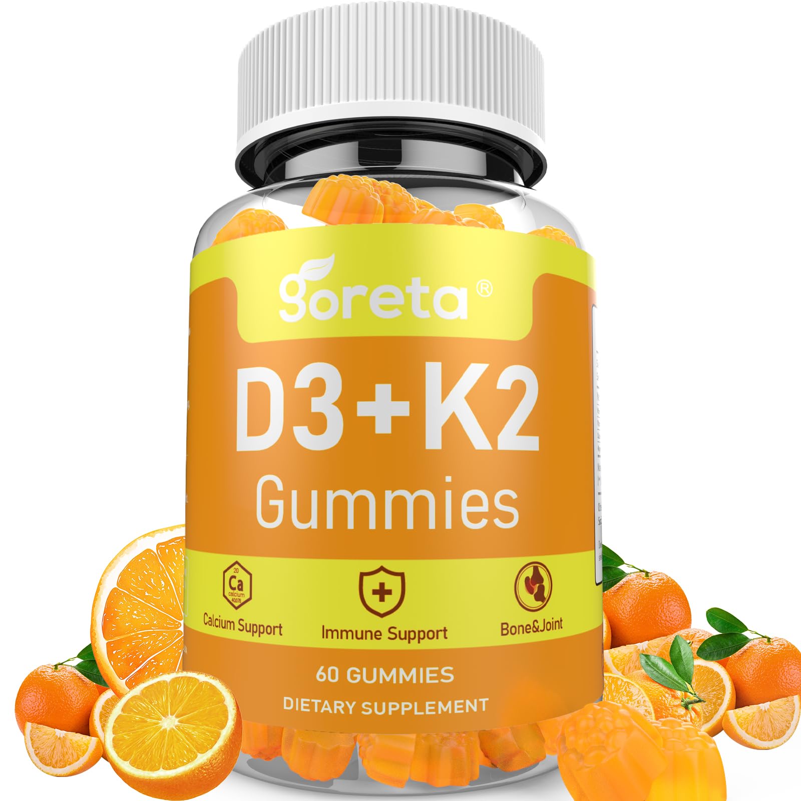 Goreta Vitamin D3 K2 Gummies for Adults with Calcium and Magnesium, 10000 IU Vitamin D3, MK-7, Orange Flavor, Pectin Based, 60 Gummies