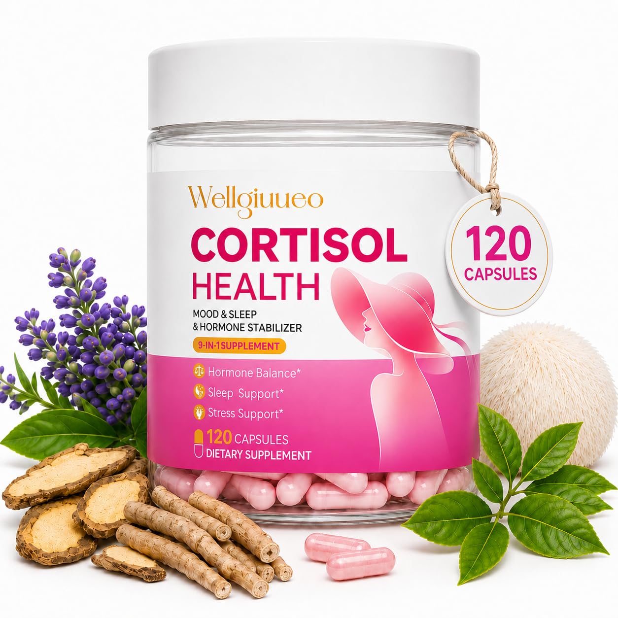 Wellgiuueo Cortisol Supplement for Women, Cortisol Manager with Ashwagandha, Magnesium, L-Theanine, Vitamin D3, B6, Lions Mane for Mood & Sleep Support, 120 Capsules
