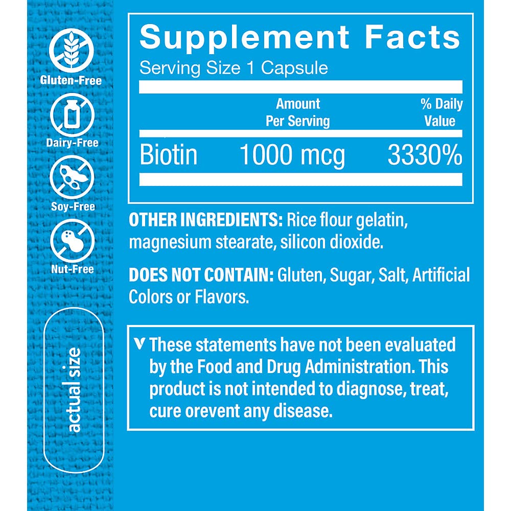 The Vitamin Shoppe Biotin 1mg - Hair Growth, Skin Health and Nail Strength Support, High Potency B Vitamin, 100 Capsules