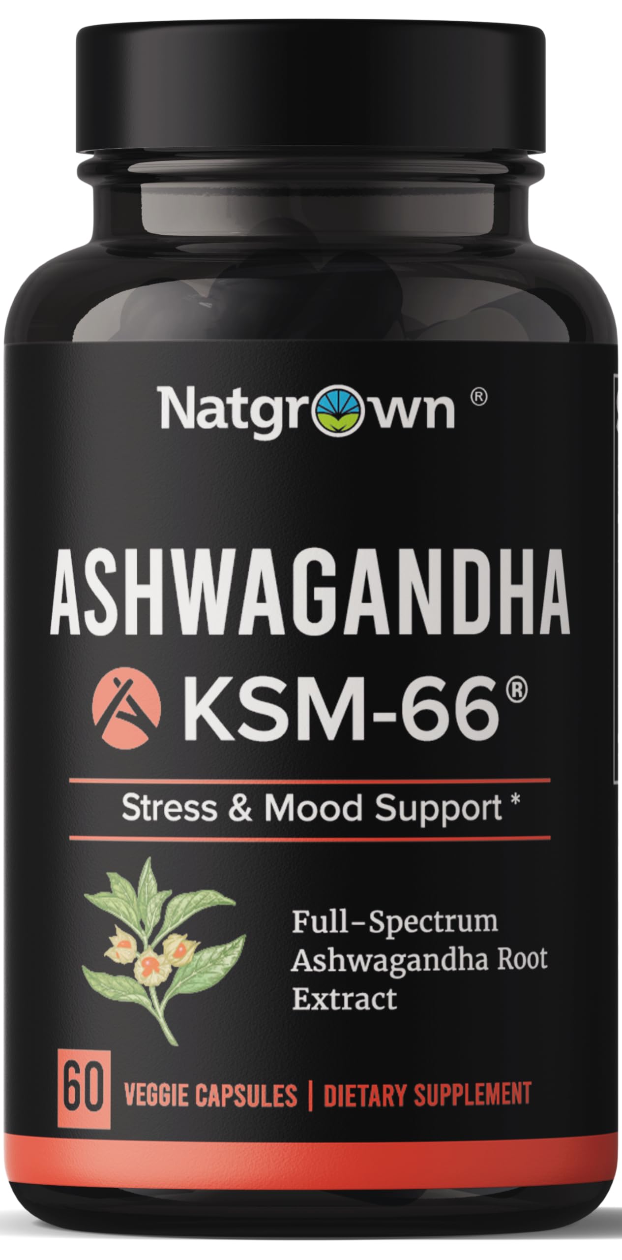 Natgrown Ashwagandha KSM 66 Supplement 600 mg Capsules, 60 Count