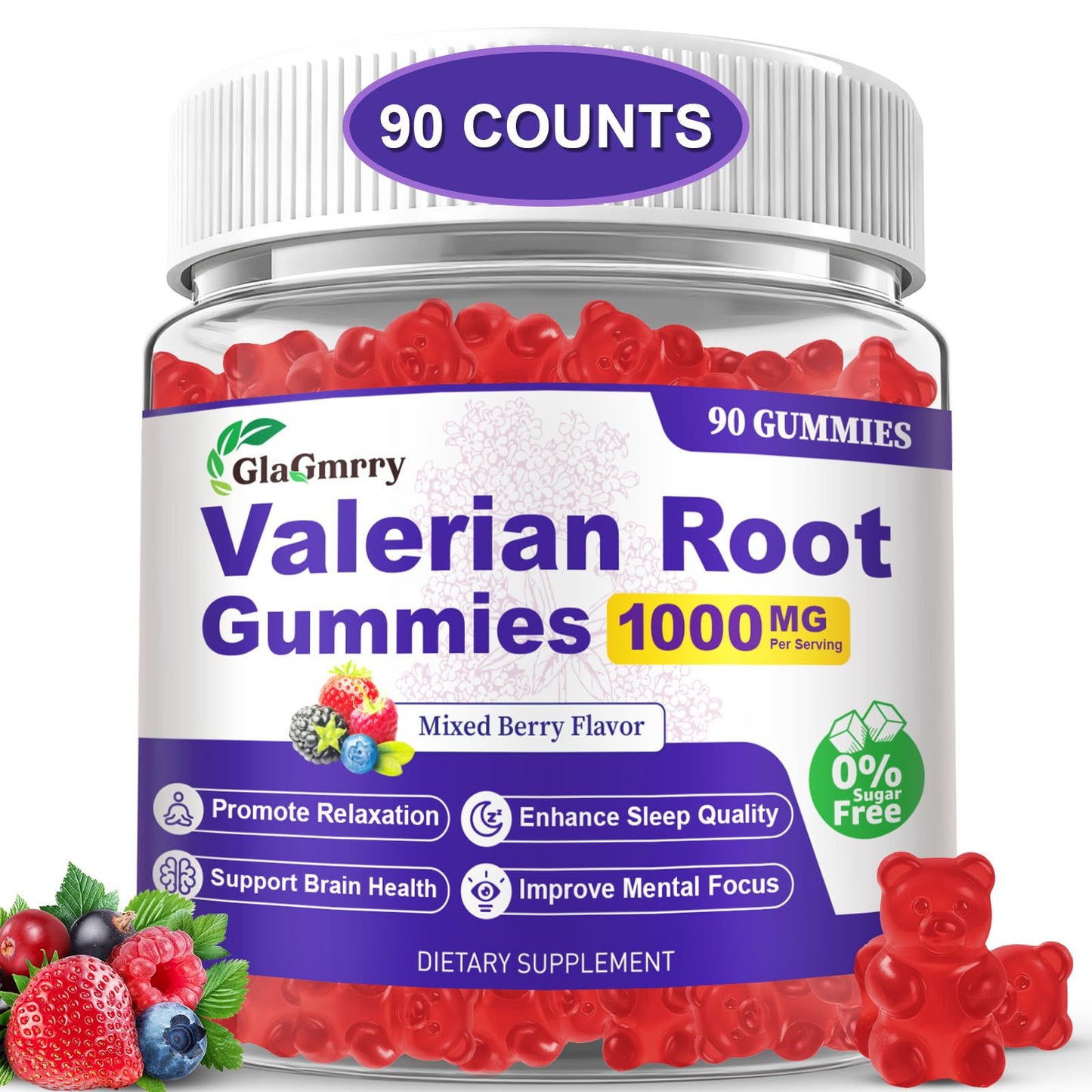 GlaGmrry Valerian Root Gummies with Melatonin & L-Theanine, 90 Gummies