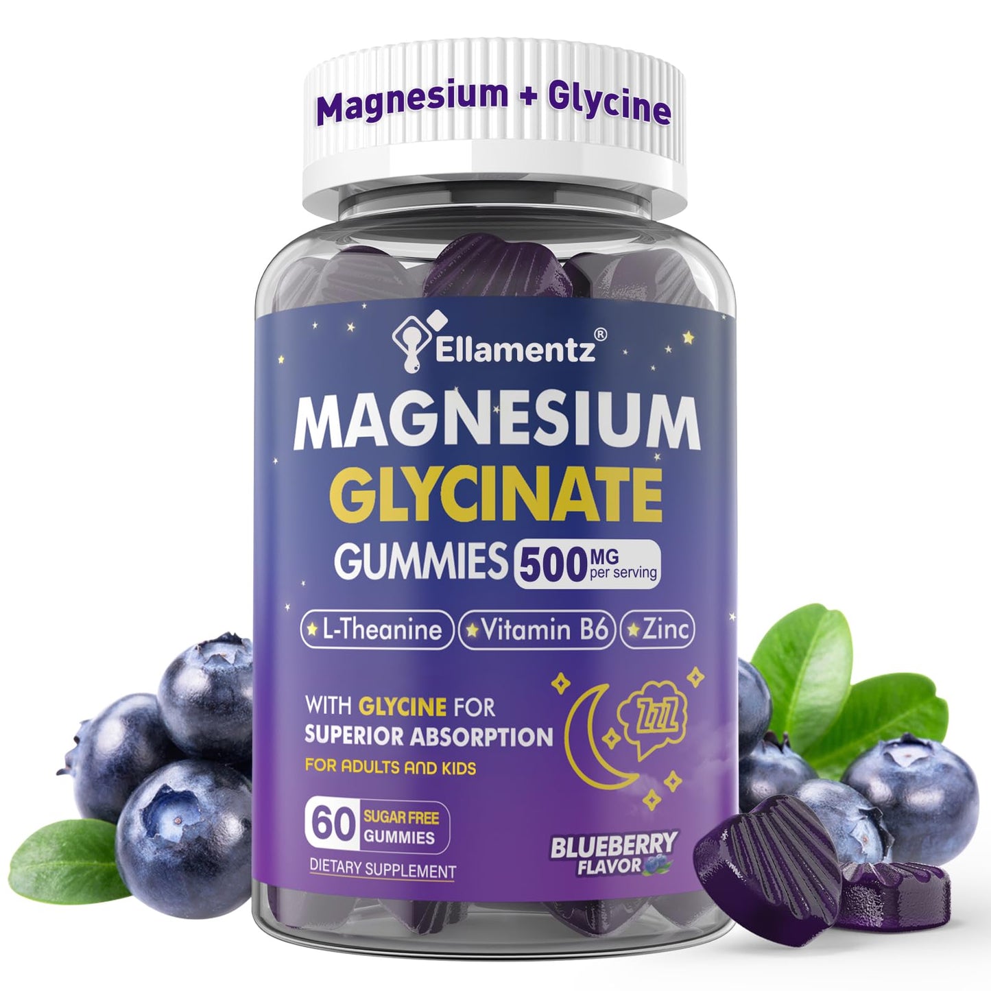 ELLAMENTZ Magnesium Glycinate Gummies for Kids 6+ & Adults, 60 Gummies