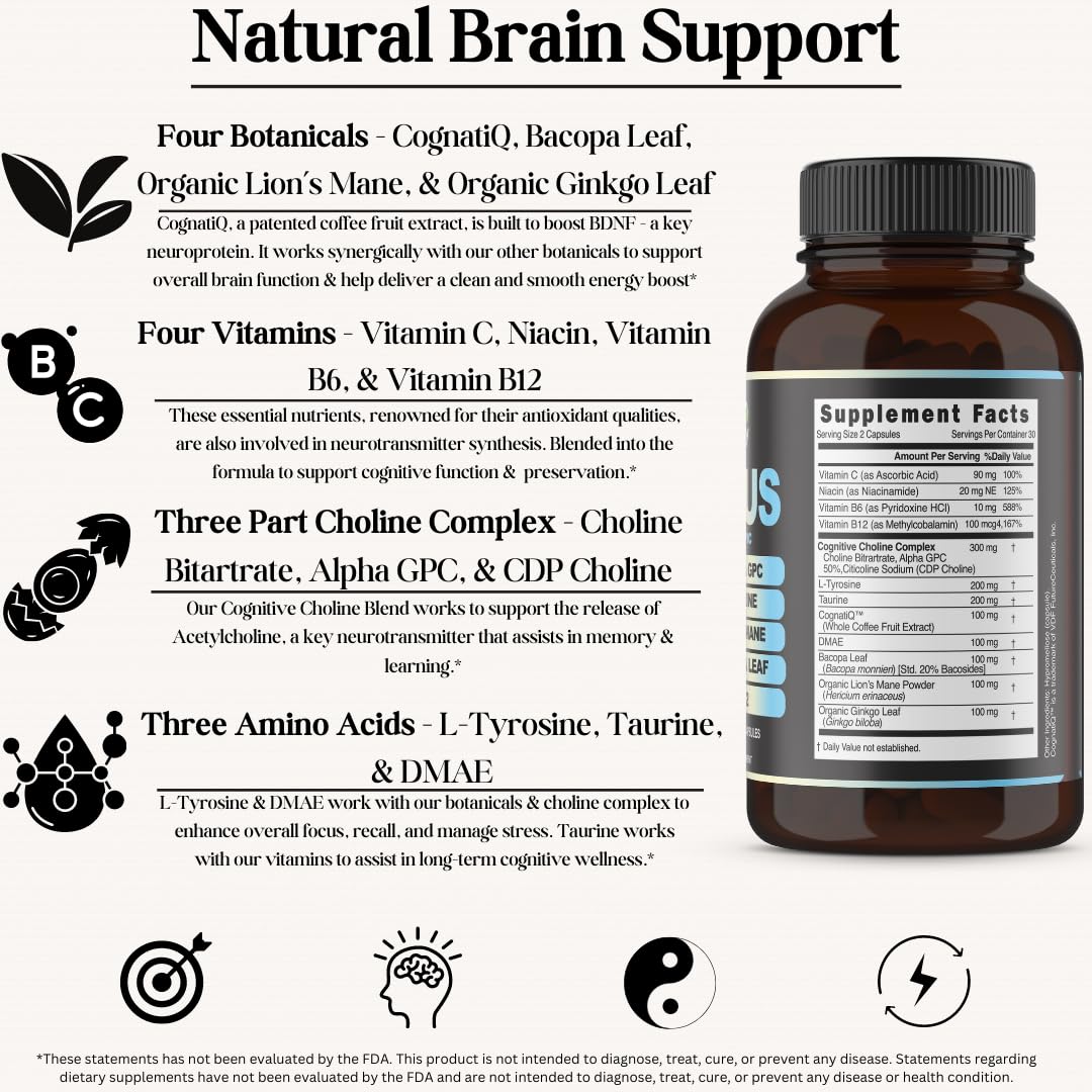 Inner Bounty Focus 14-in-1 Nootropic Brain Supplement with Lions Mane, Alpha GPC Choline, Vitamin C & B12, Taurine, Bacopa - Energy, Cognitive, Memory Support Capsule, 60 Count