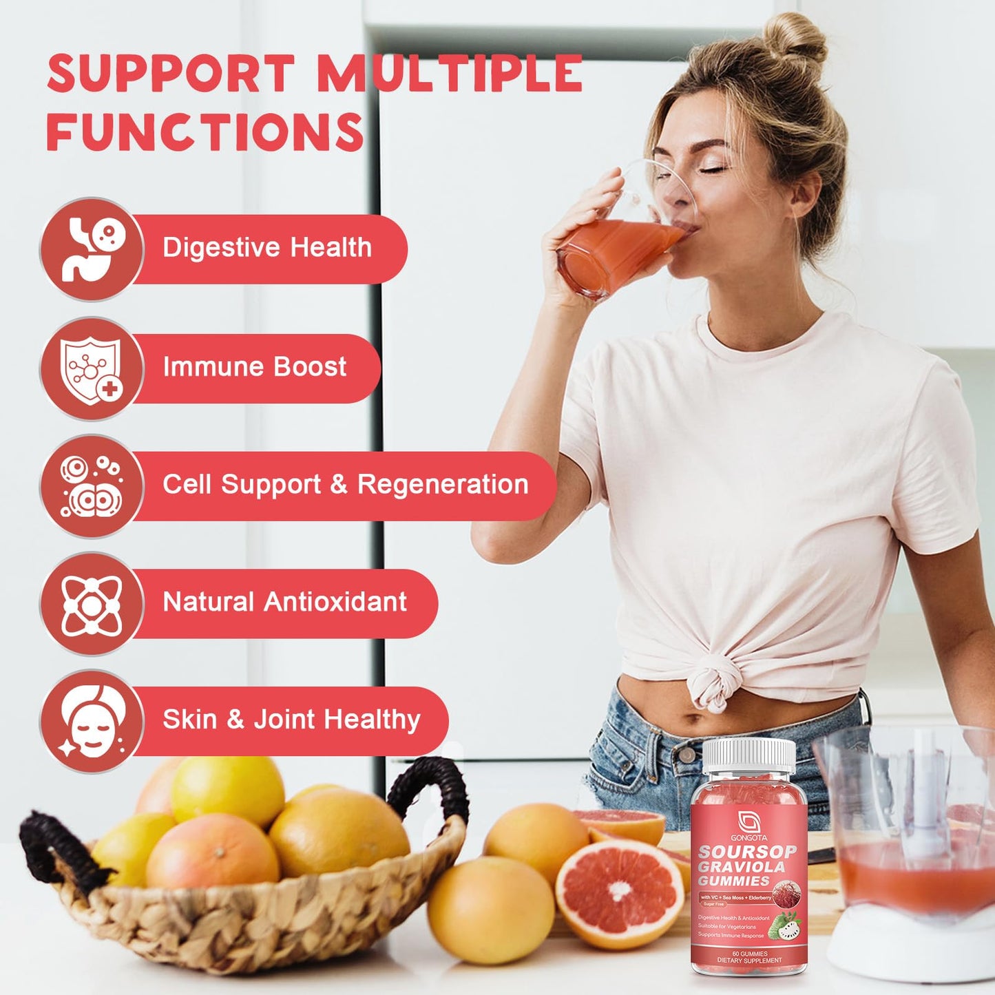 GONGOTA Soursop Graviola Gummies 2200mg Extra Soursop Leaves Extract, Elderberry & Sea Moss & Zn - Digestive, Immune, Antioxidant & Overall Health Support, Gluten Free, Vegan, 60 Gummies