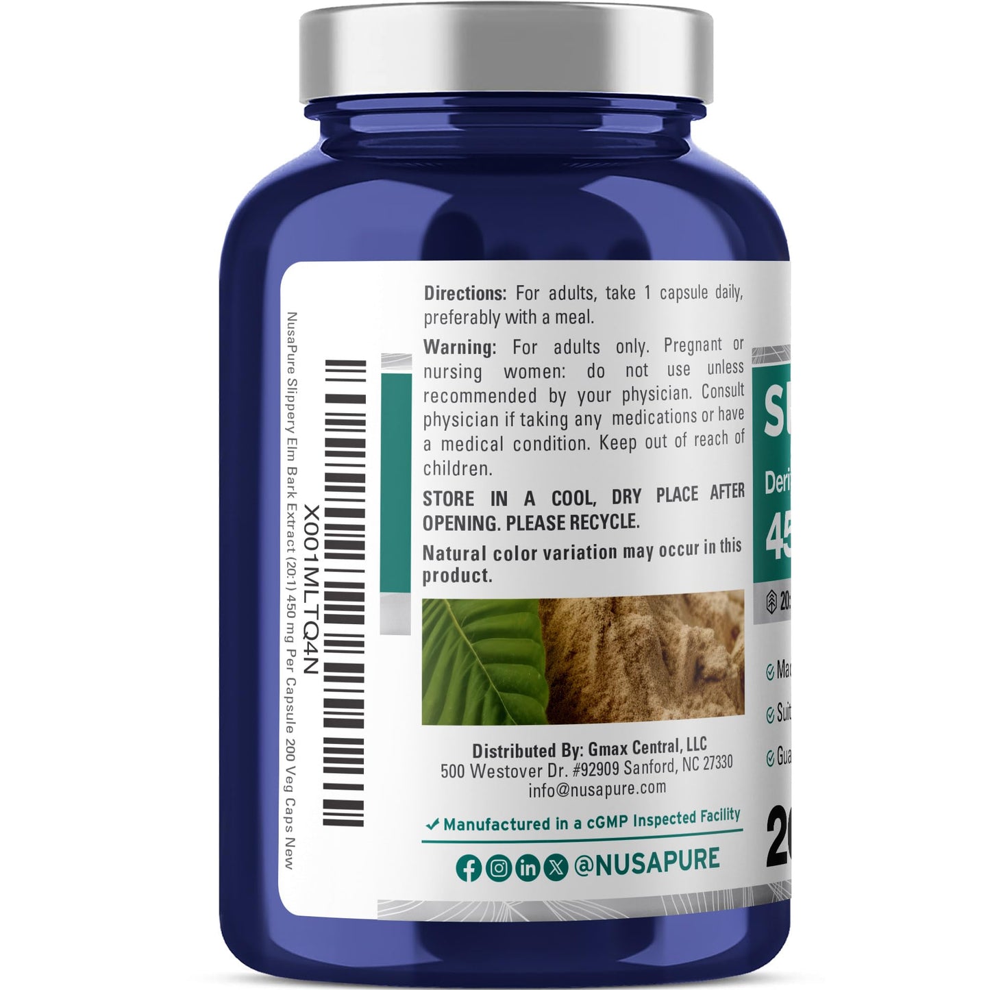 NusaPure Slippery Elm Bark Capsules, 450 mg, 200 Veg Capsules