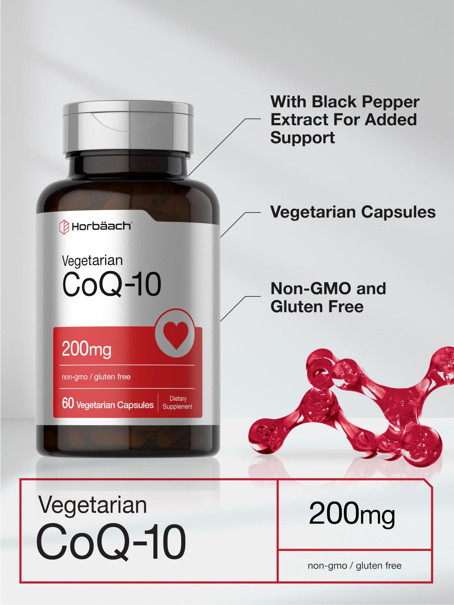 Horbäach CoQ10 200mg with Black Pepper Extract Capsule, 60 Count