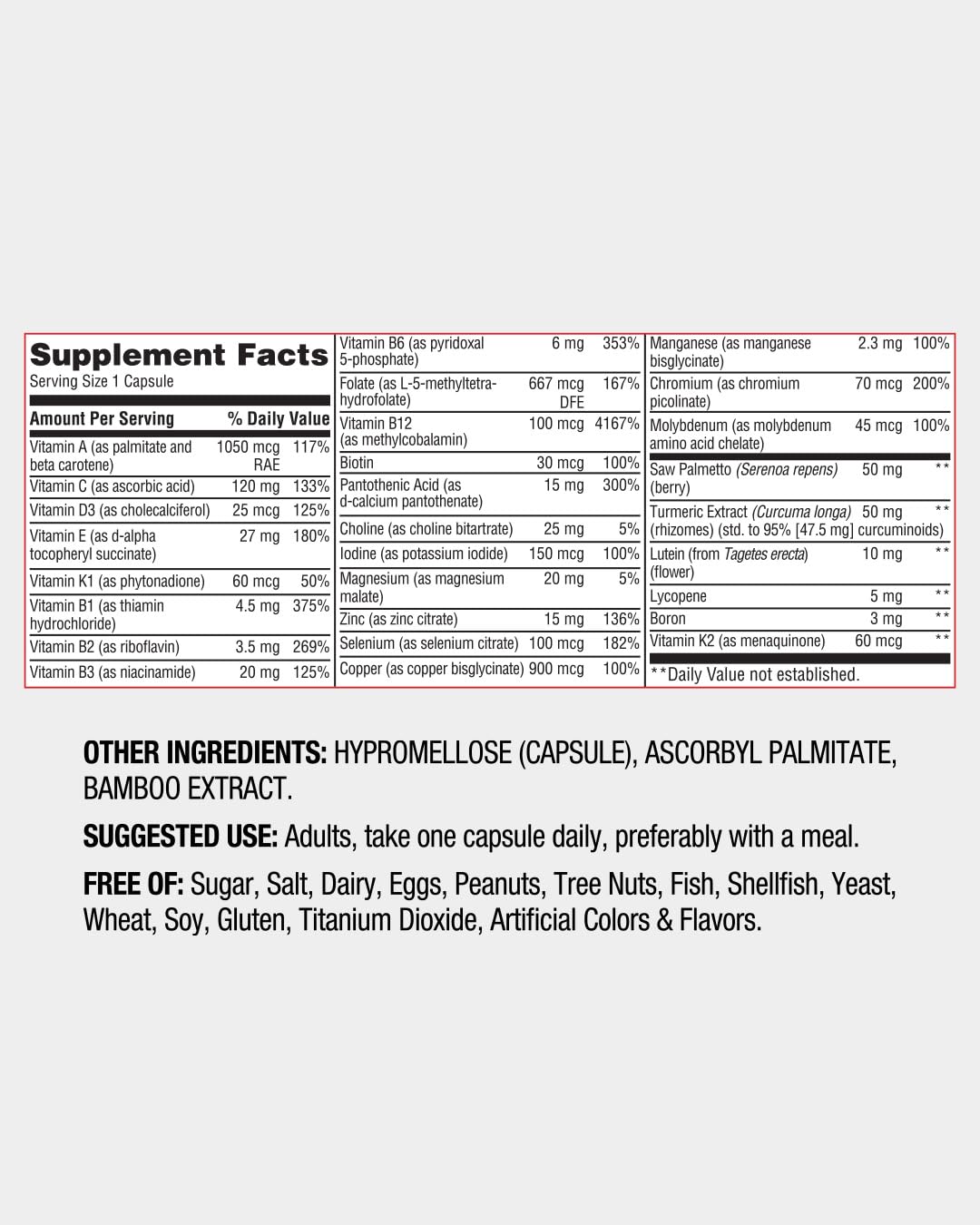 Nature's Lab Red Rocker Essentials Men's Multi - Methylated B12 & Folate with Saw Palmetto, 95% Curcumin Turmeric & Lycopene - Prostate, Heart & Energy Support - Once Daily, 30 Capsules