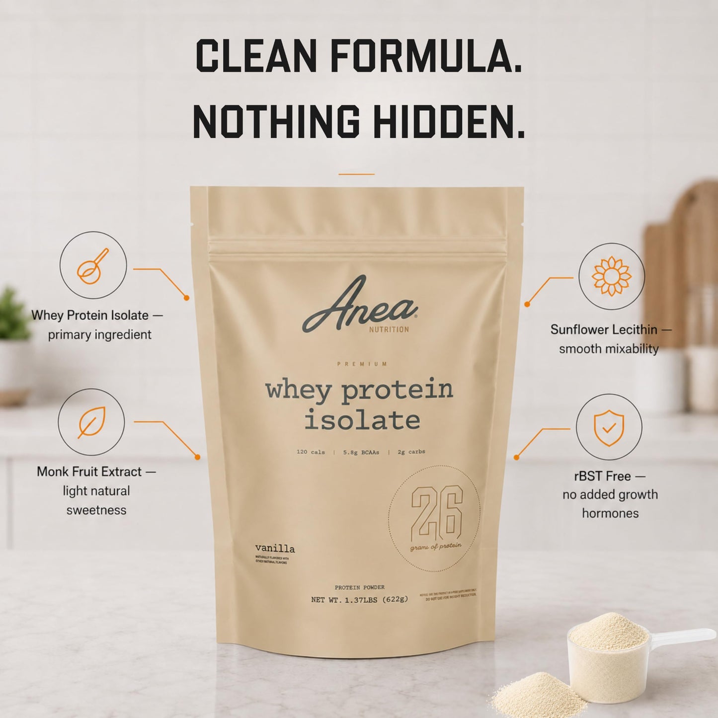 Anea Nutrition Whey Isolate Protein Powder, Vanilla, 21.94 oz