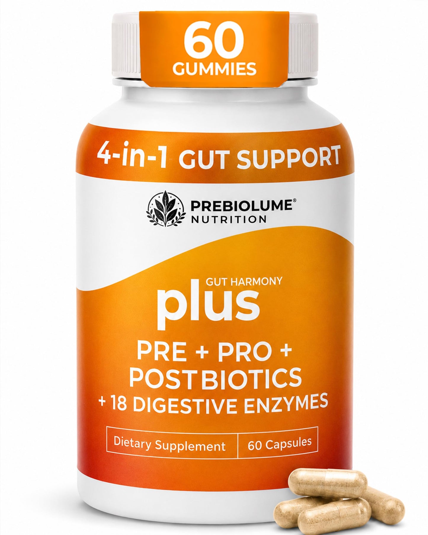 Prebiolume 4-in-1 Formula Probiotic, Prebiotic, Postbiotic with 18 Digestive Enzymes Complex Capsules, 60 Count