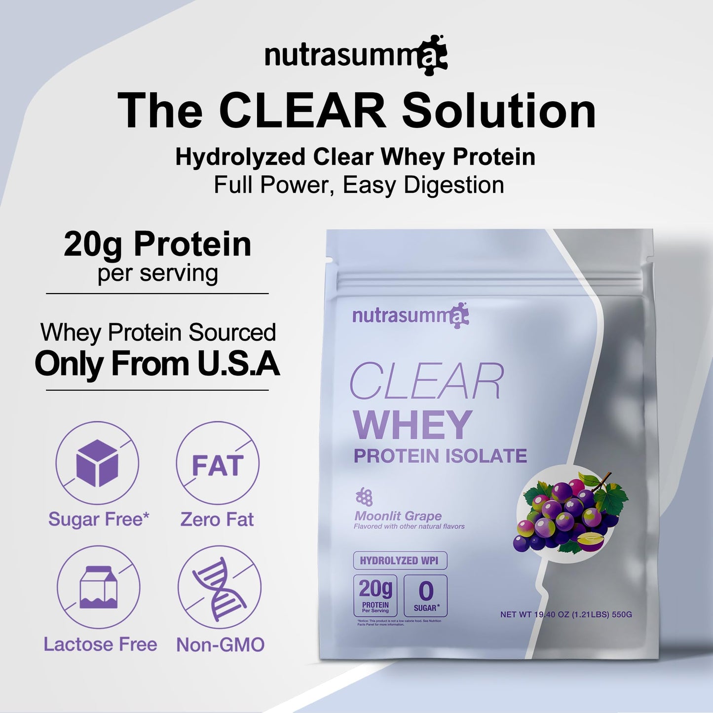 Nutrasumma Clear Whey Protein Isolate Powder 1.21 lb Moonlit Grape Flavor, 22 Servings