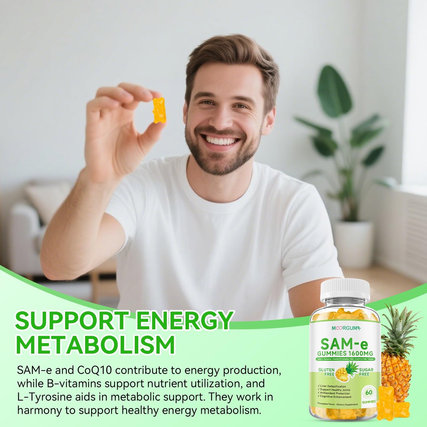 MOORGUMY SAM-e L-Tyrosine with NAC, CoQ10 & Vitamin B Complex Gummies, 60 Gummies