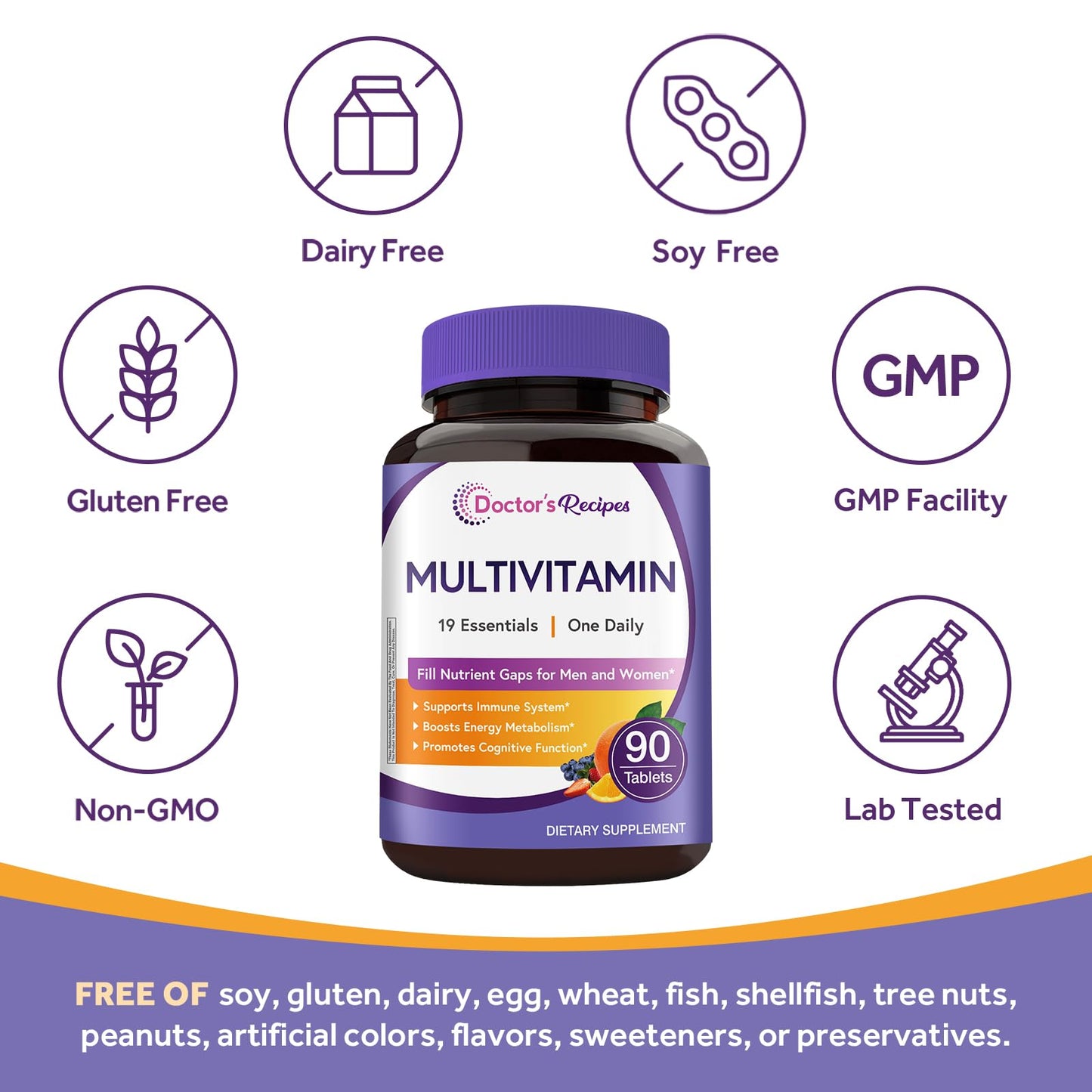 Doctor's Recipes Multivitamin for Women & Men, Immune, Energy & Brain Health Support, 90 Tablets