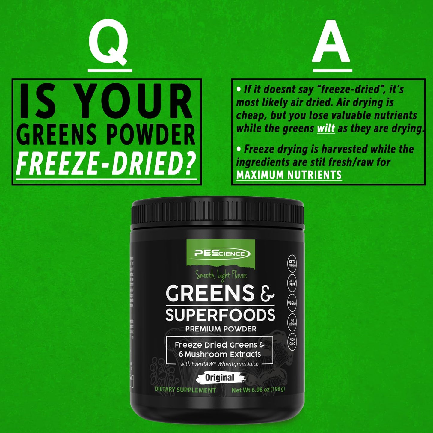 PEScience Greens Powder Superfood with Natural Chlorophyll, Reishi & Turkey Tail Mushroom Powders, Freeze-Dried Kale, Spinach, Broccoli Sprouts with Antioxidants, 6.9 oz