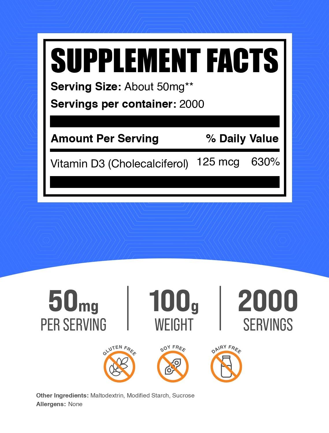 BulkSupplements Vitamin D3 Powder - Cholecalciferol, 5000 IU, Gluten Free, 3.5 oz
