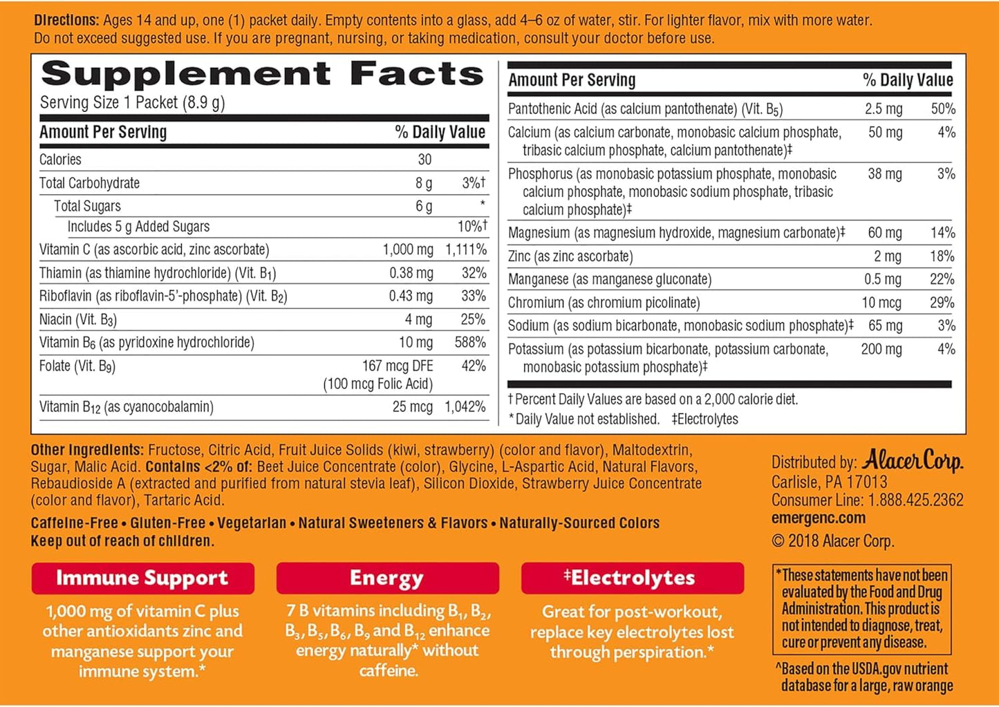 Emergen-C 1000mg Vitamin C Powder, Strawberry Kiwi Flavor, Immune Support, 30 Count (Pack of 2)