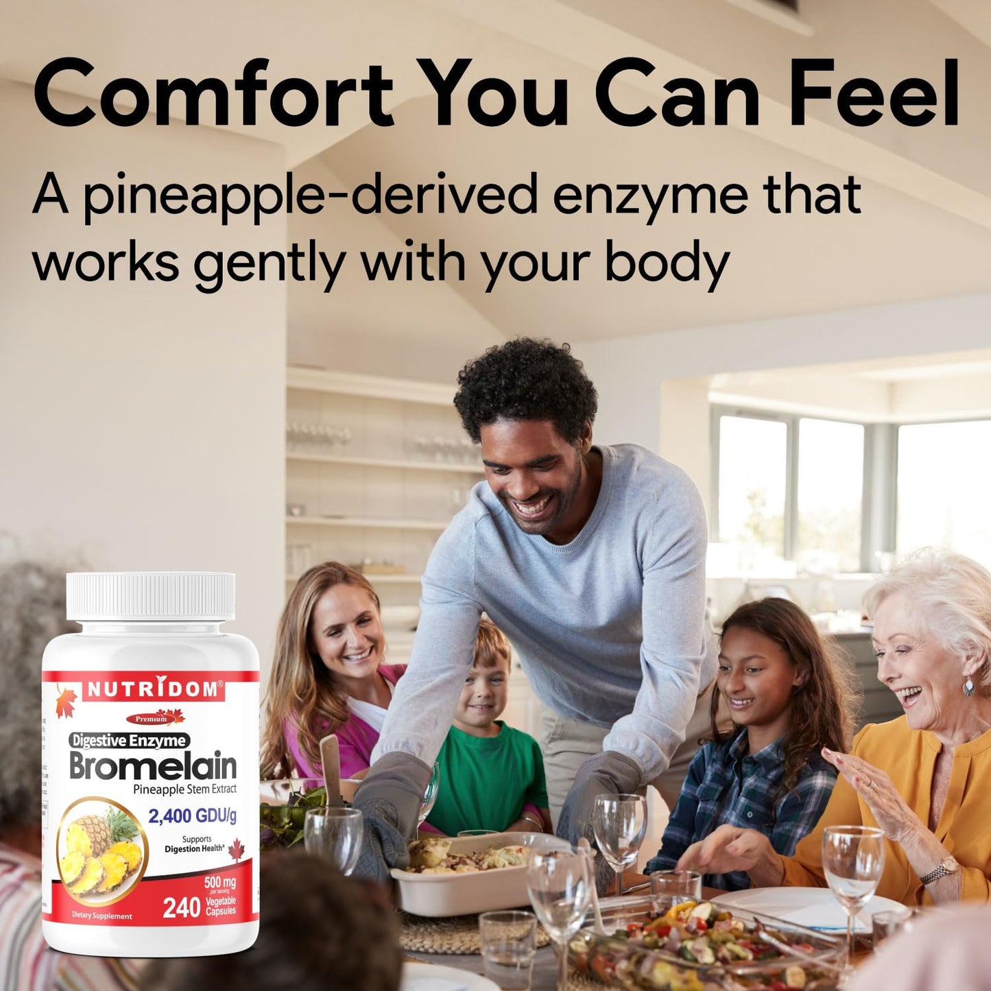 Nutridom Bromelain 2400 GDU/g – 500 mg Digestive Enzyme from Pineapple Stem Extract – Supports Protein Digestion – Non-GMO, Vegan, Gluten Free – 240 Capsules