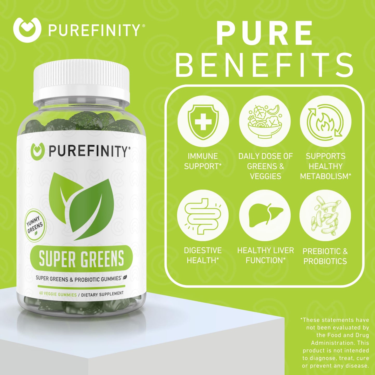 PUREFINITY Daily Super Greens Gummies with Spirulina, Spinach, Broccoli, Beet Root, Acai, and Other Vegetables, All-in-One Veggie Supplement, 60 Count