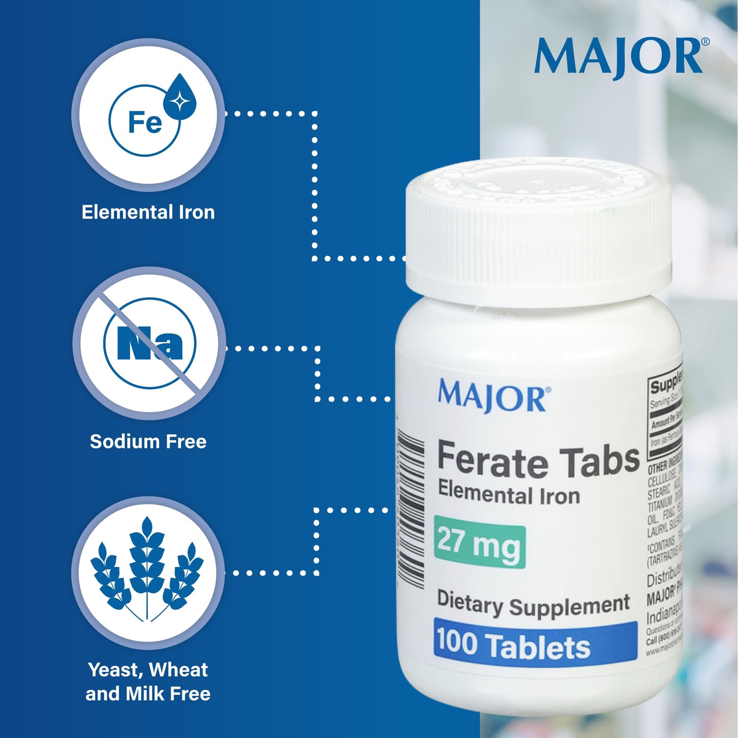 MAJOR 27 mg Ferate Tablets - Ferrous Gluconate Elemental Iron Dietary Supplement, 400 Tablets