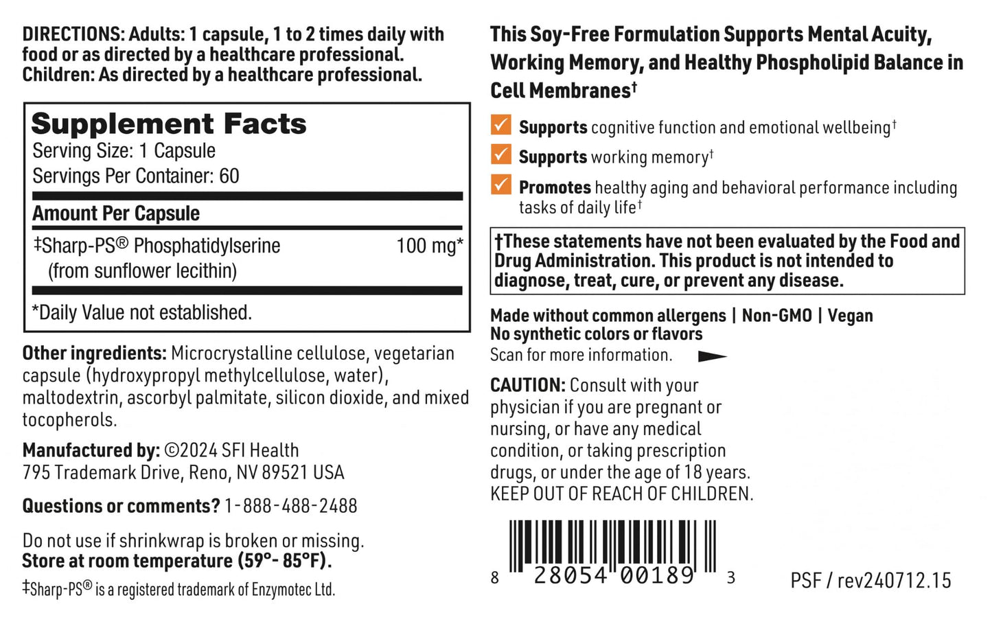 SFI Health Phosphatidyl Serine SF, 60 Capsules