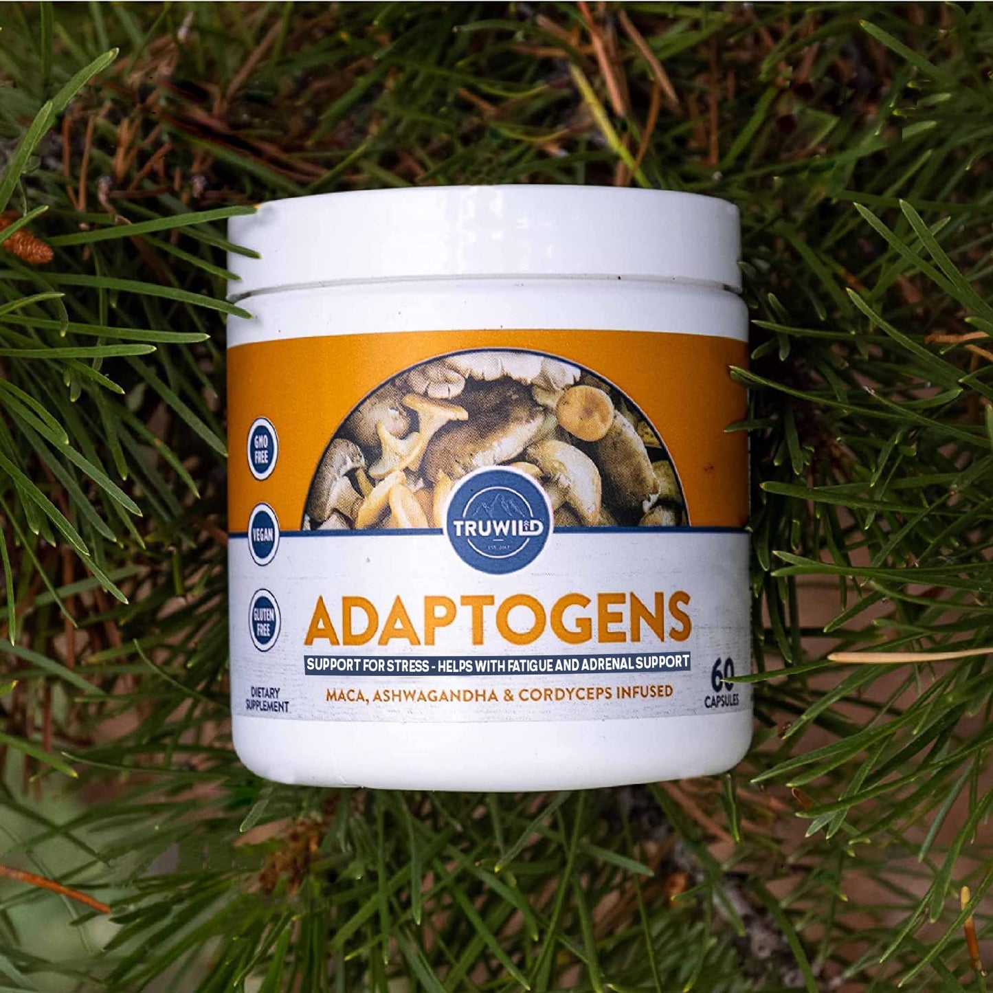 TruWild Adaptogens Vegan Capsule Supplement with Ashwagandha and Maca with Full Spectrum Mushrooms, 180 Capsules