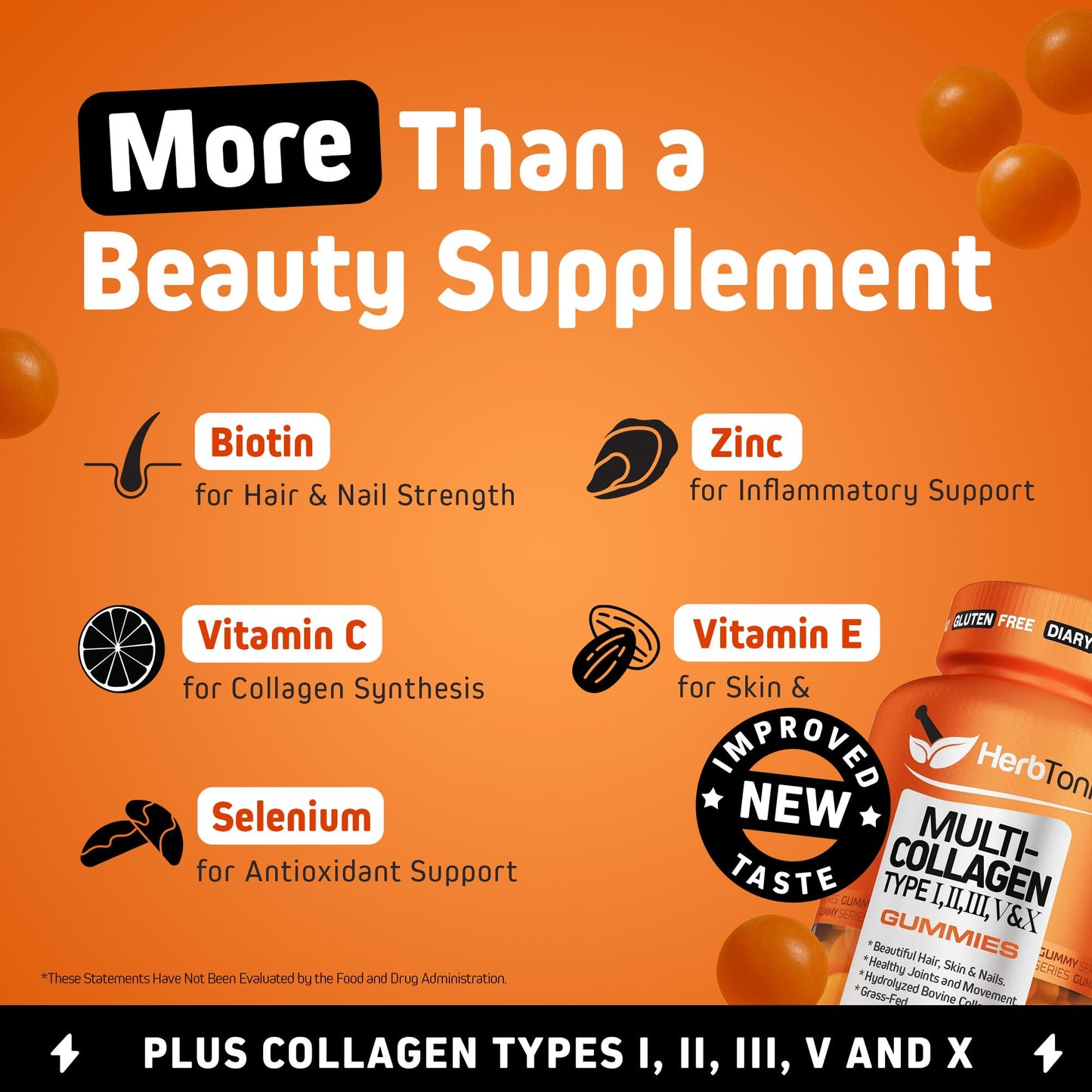 Herbtonics Multi Collagen Gummies with Biotin & Vitamin C, Hydrolyzed Collagen Peptides Types I, II, III, V, X for Hair, Skin, Nails, & Bone Support, 60 Gummies