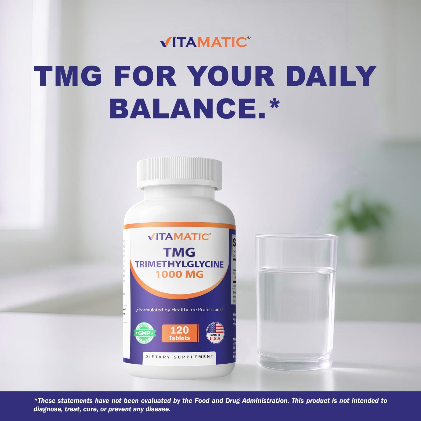 Vitamatic TMG Supplements 1000mg - Trimethylglycine - Betaine Anhydrous, 120 Tablets