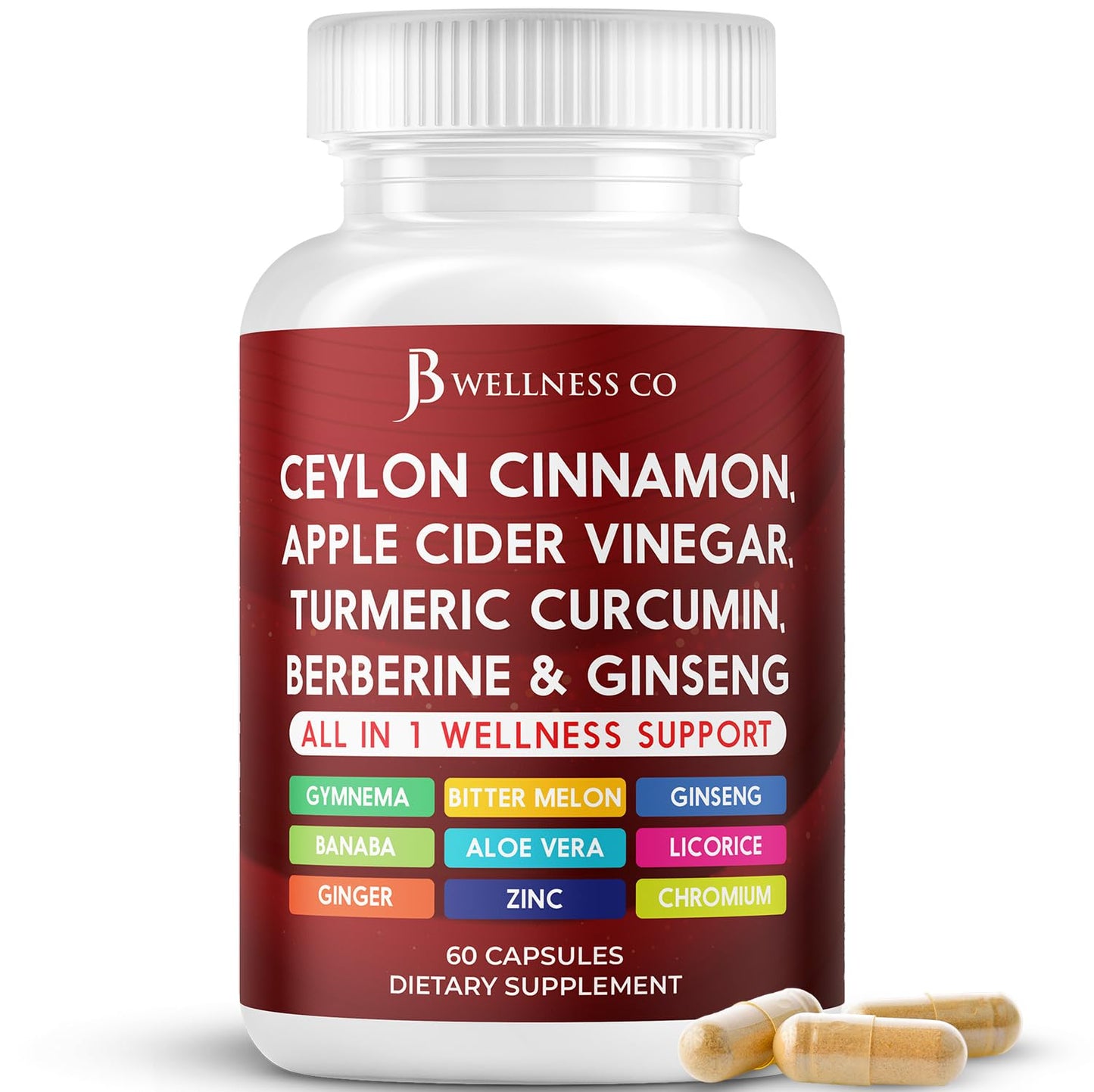 JB Wellness Co Ceylon Cinnamon Turmeric ACV Ginseng Aloe Vera Berberine Plus Banaba Ginger Root Capsules, 60 Count