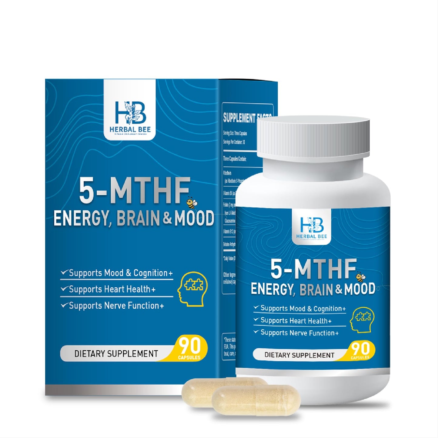 Herbal Bee 5-MTHF Folate Supplement Activated L-Methylfolate, Plus Methyl B12 Cofactor & B6 Methylated B2 Complex, 90 Capsules