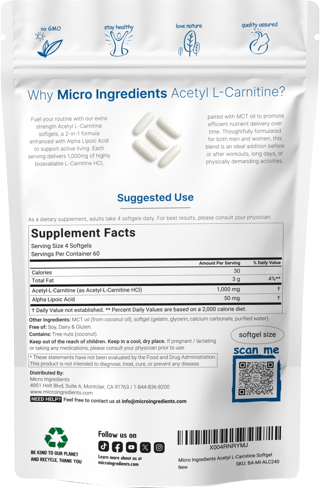 Micro Ingredients Acetyl L-Carnitine (ALCAR) 1,000 mg Per Serving Softgels 240 Count