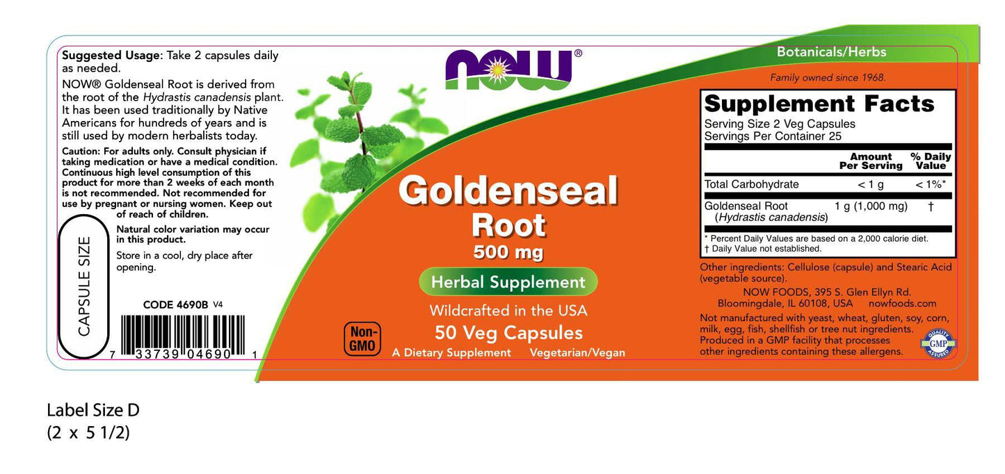 NOW Foods Goldenseal Root 500mg Capsule, 50 Count