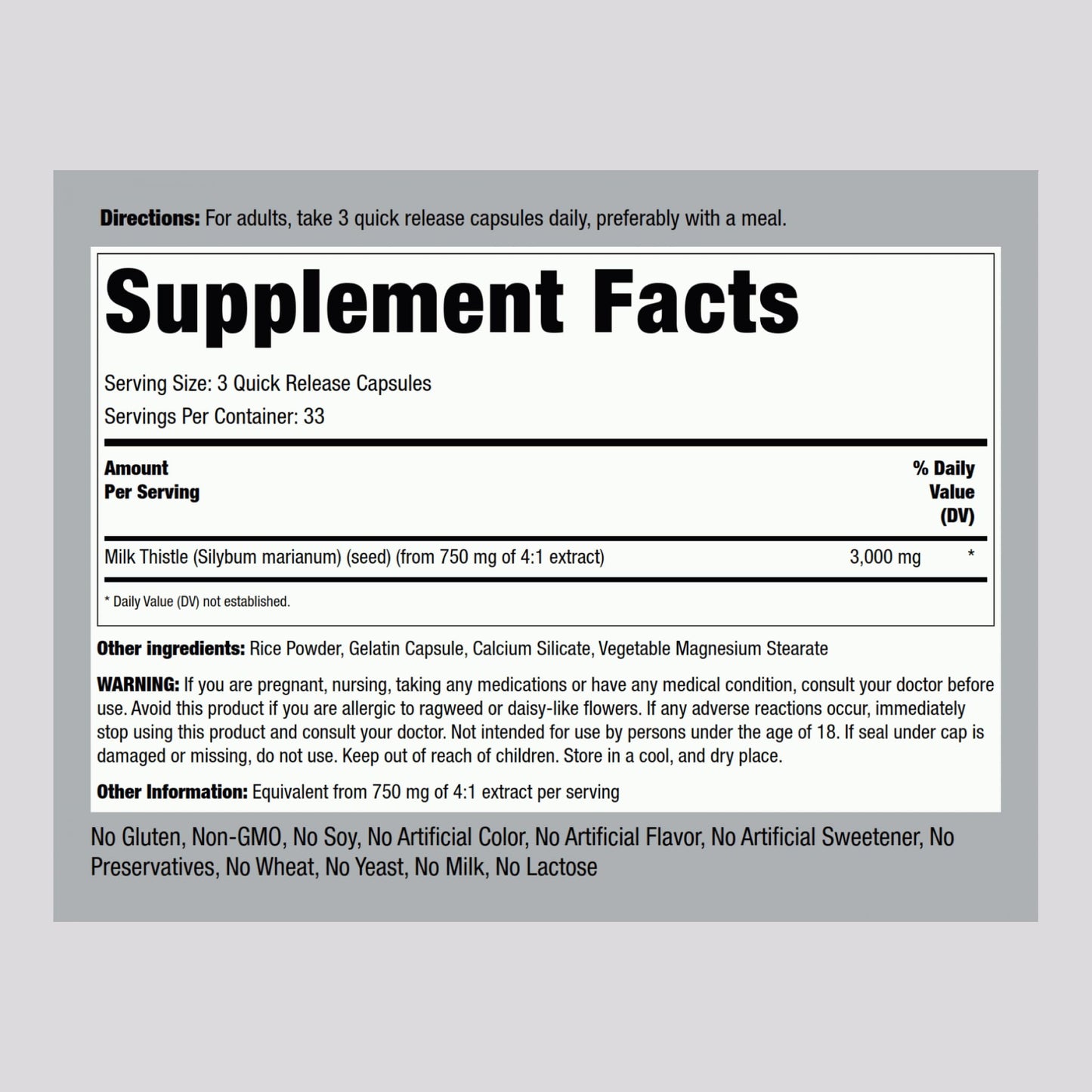 Piping Rock Milk Thistle Supplement 3000 mg Capsule, 100 Count