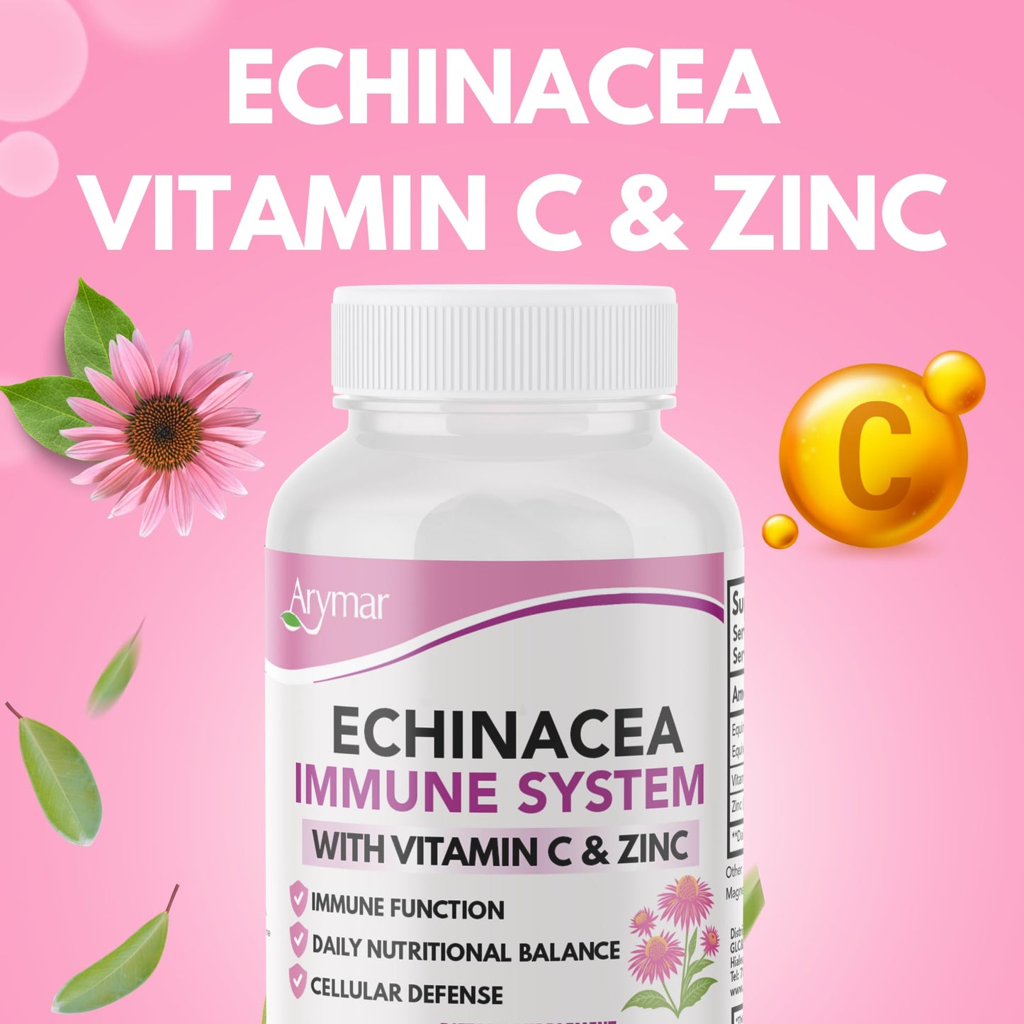 Arymar Echinacea Complex with Vitamin C & Zinc: 3-in-1 Seasonal Formula, Natural Antioxidant Rich Herbal Capsules, 60 Count