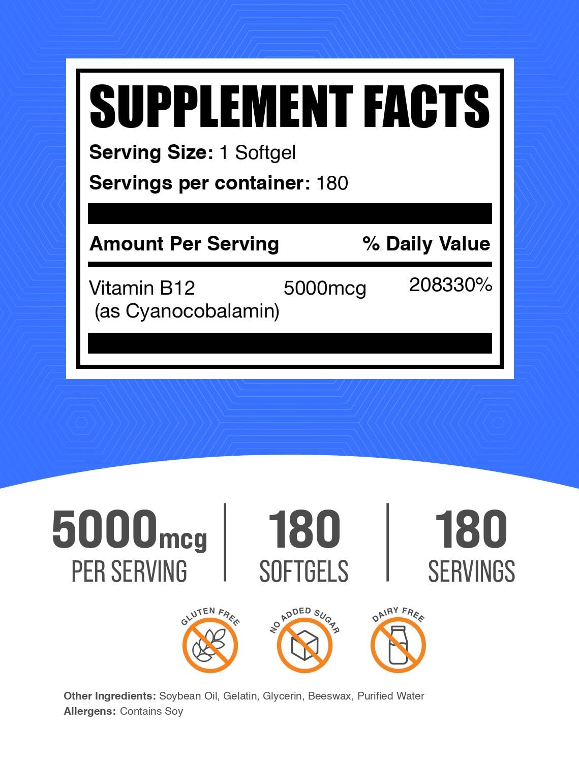 BulkSupplements Vitamin B12 5000 mcg Softgels, 180 Softgels