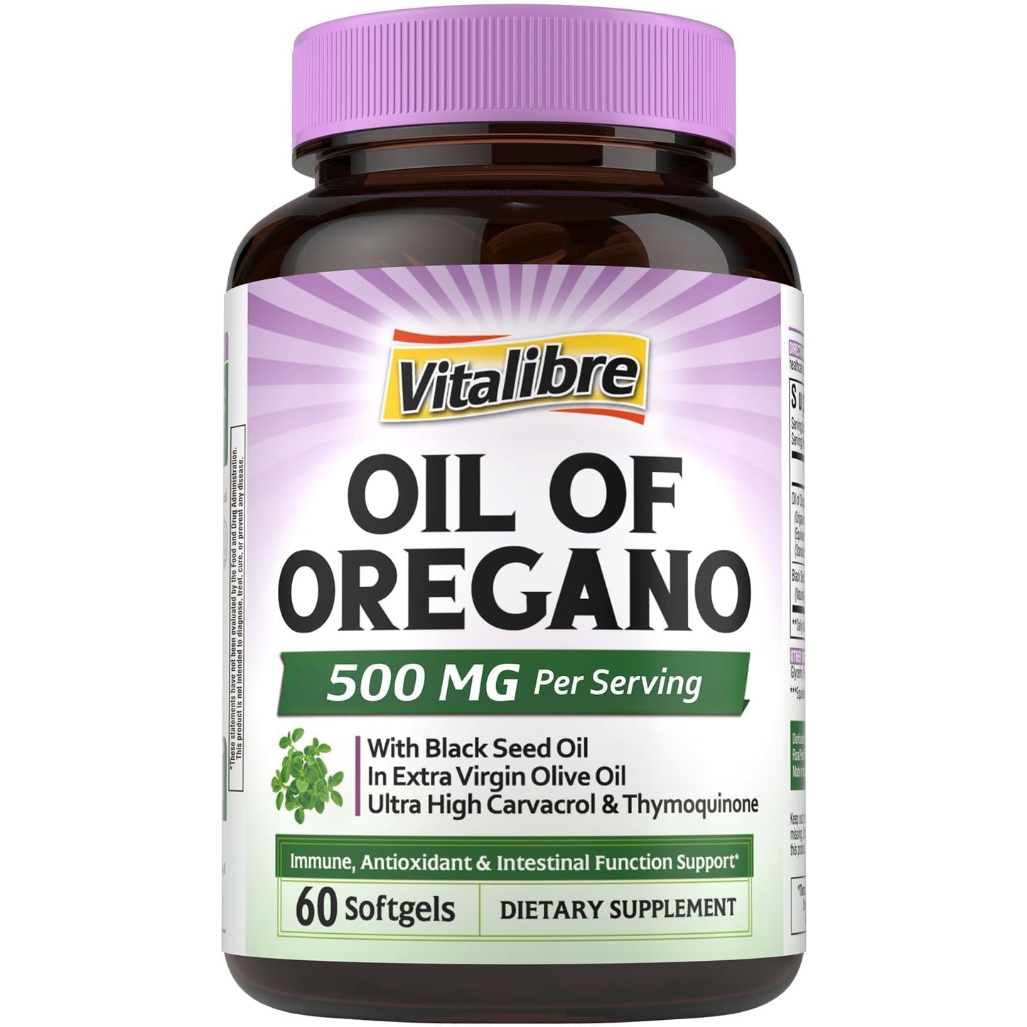 Vitalibre Oil of Oregano 500mg with Black Seed Oil, Wild Harvested, Contains Carvacrol, Non-GMO, Herbal Extract Supplement for Immune Support, 60 Softgels
