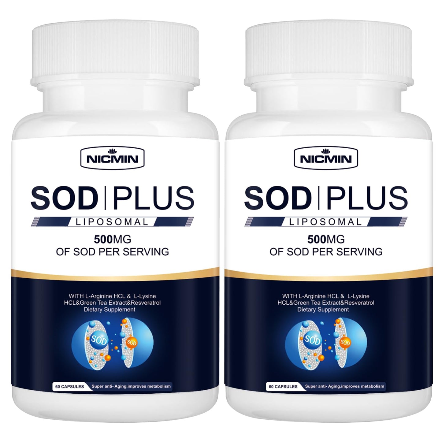 NICMIN 500MG Superoxide Dismutase Supplement - SOD Plus with Liposomal Glutathione, AKG, Green Tea Extract, L-Arginine, Lysine, Resveratrol and Vitamin E Capsule, 120 Capsules