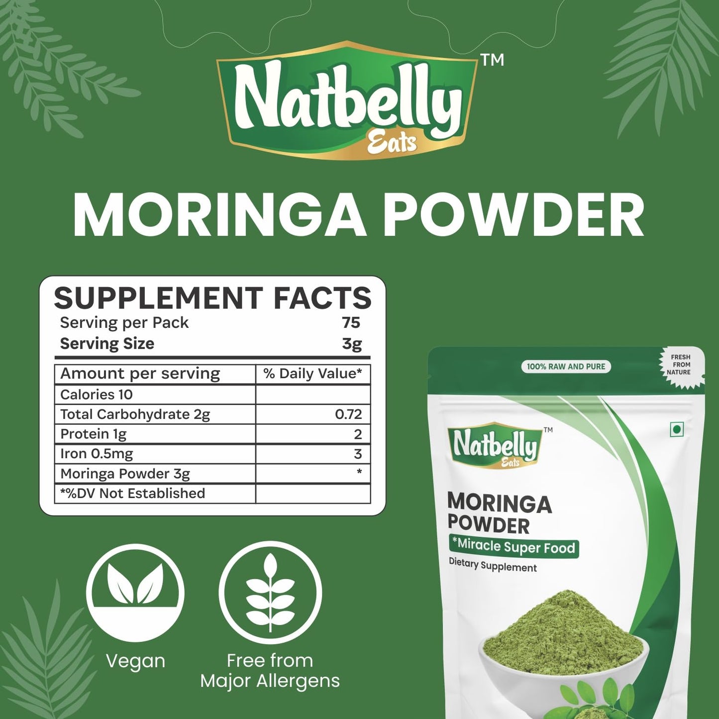 NATBELLY EATS Moringa Leaf Powder, Powder, 8 oz