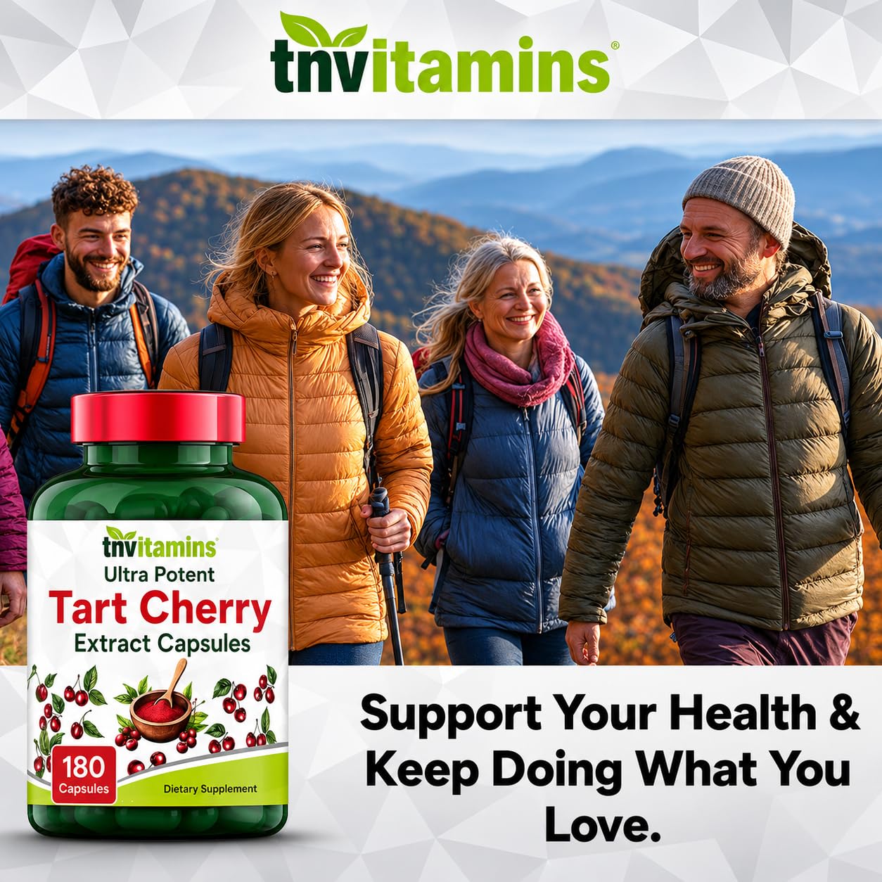 tnvitamins Tart Cherry 400 mg 30:1 Extract Capsules, 180 Count