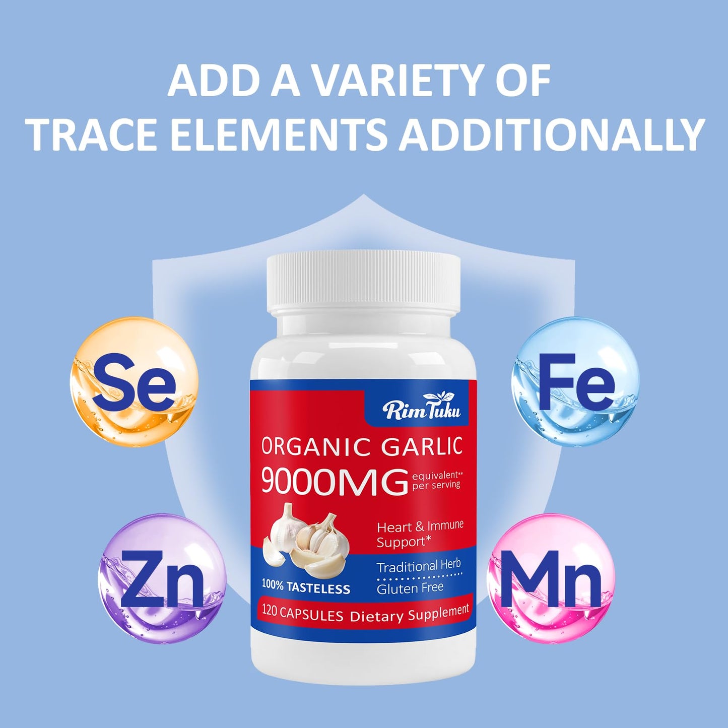 RimTuku Aged Garlic Extract Organic 9000mg Garlic Supplement Powder 30:1 Extract Formula with Alliin Purity 99%+, Selenium, Iron, Zinc, and Manganese Capsules, 120 Count