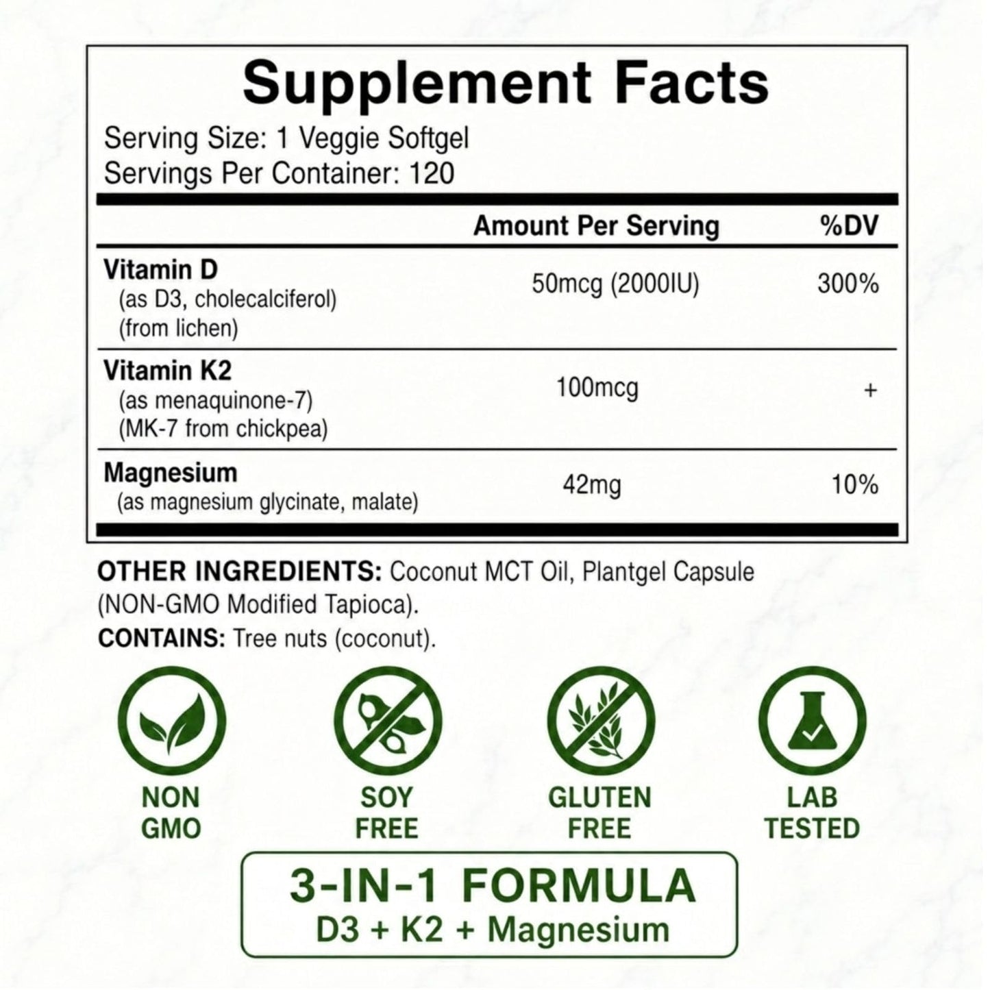 Zeltrix Vitamin D3 + K2 with Magnesium 2000iu (100mcg) MK-7 Glycinate & Malate Supplement Softgels, 120 Count