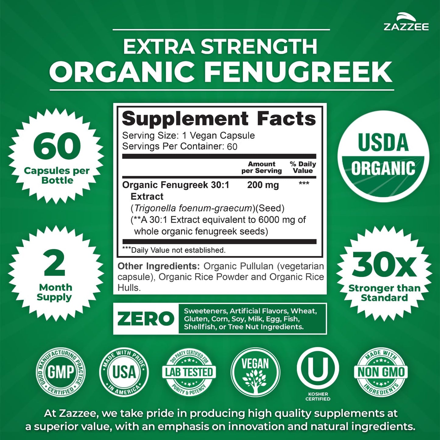 Zazzee USDA Organic Fenugreek 30:1 Extract 60 Capsules