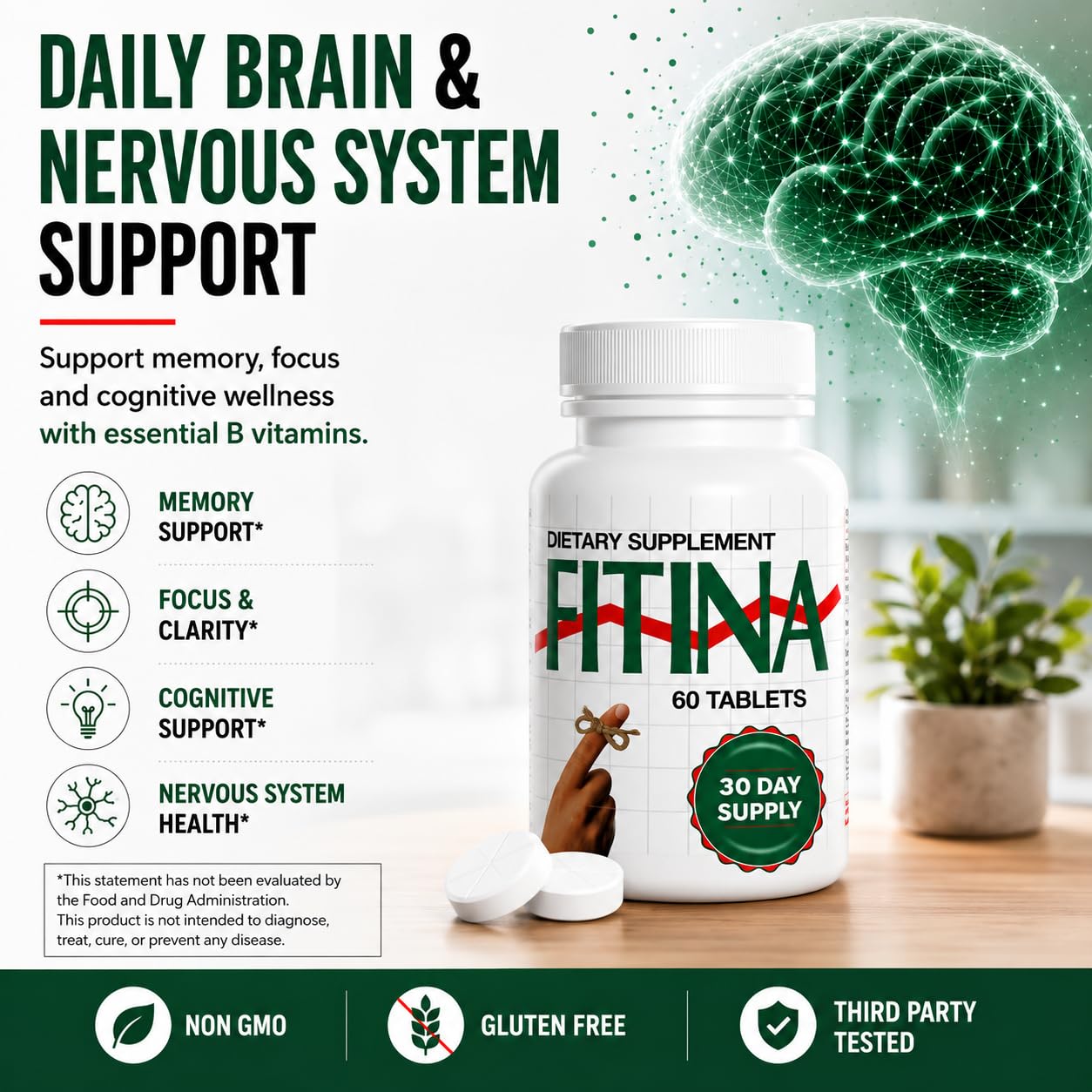 Fitina Brain Supplements for Memory and Focus with Vitamin B6 & Thiamine, Nervous System & Cognitive Health Support, 300 Tablets