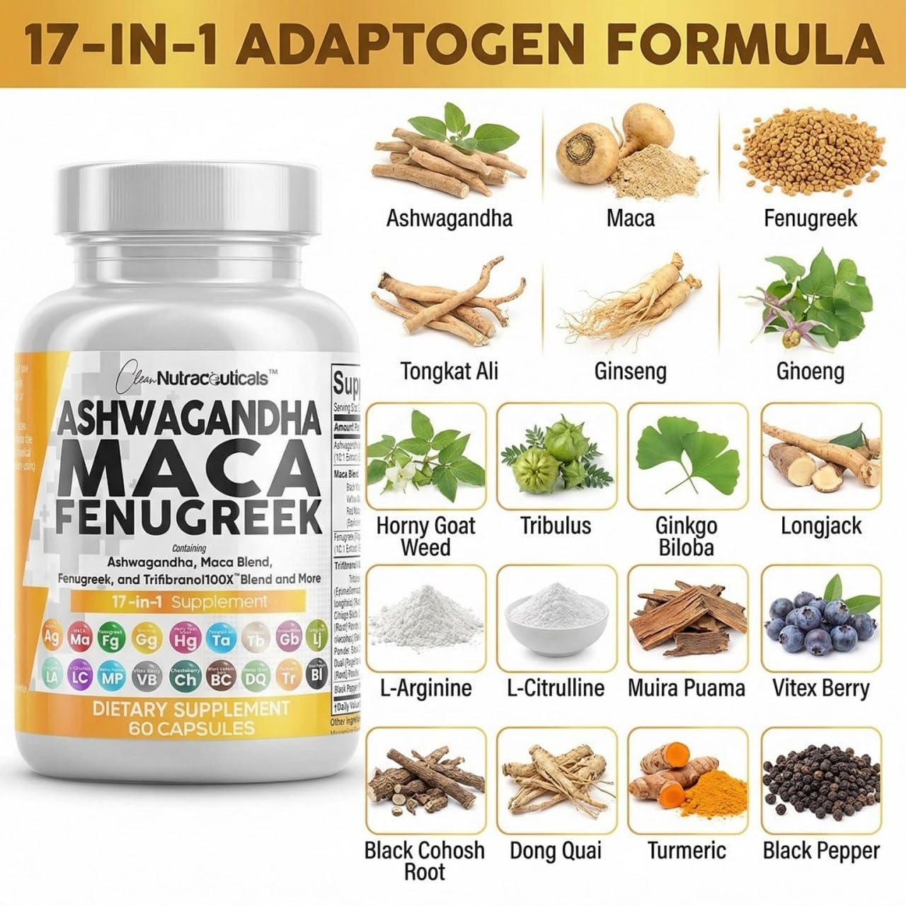 Clean Nutraceuticals Ashwagandha Maca Root Fenugreek Tongkat Ali Ginseng Capsules, 60 Count