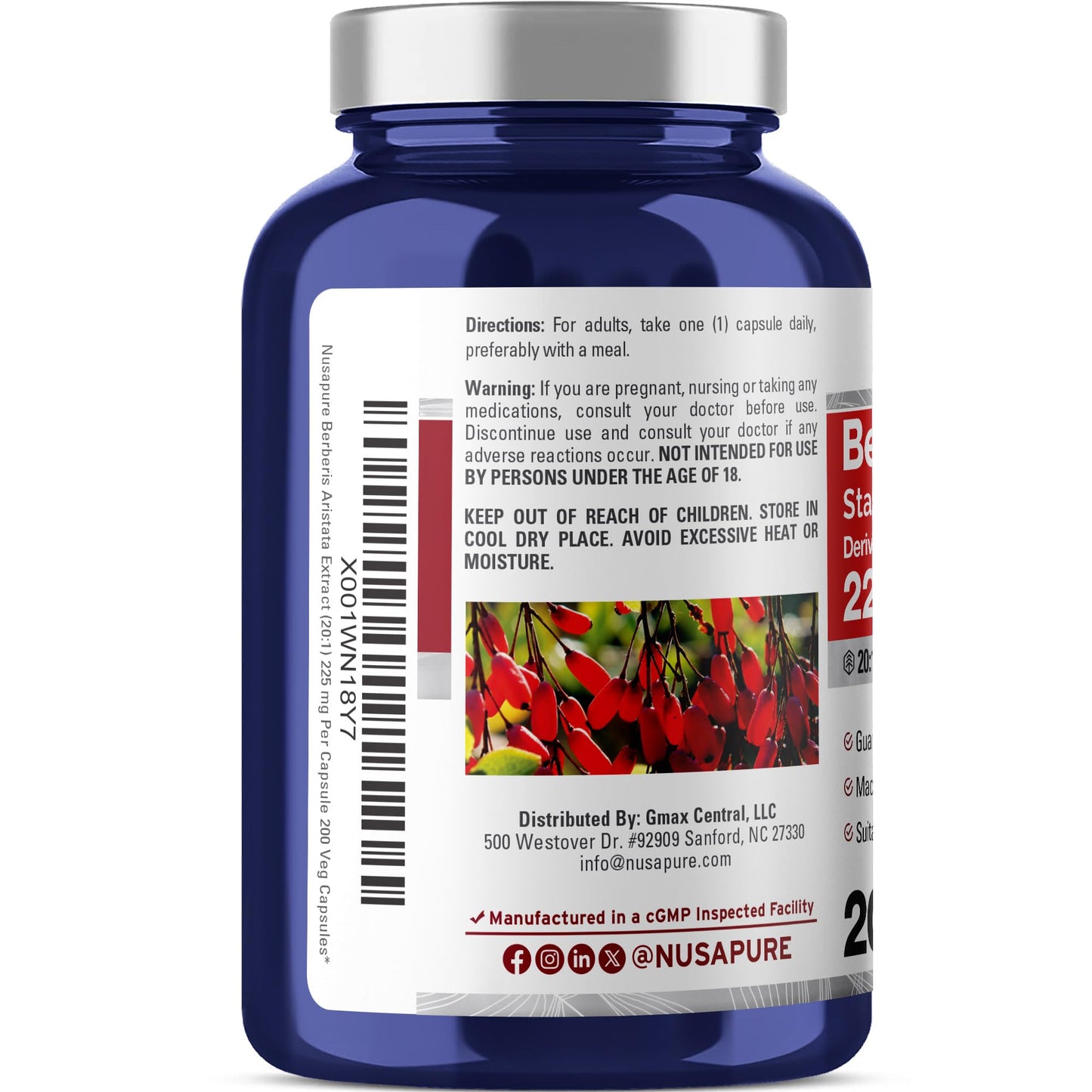 NusaPure Berberine HCI Capsules, 225 mg, 200 Count