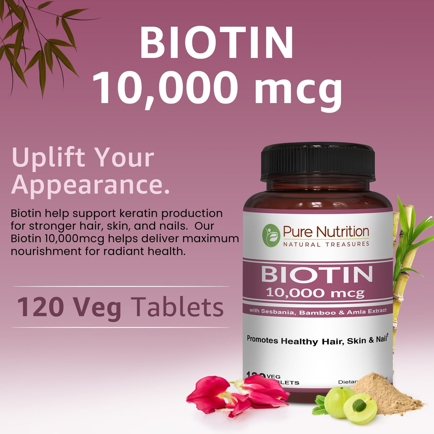 Pure Nutrition Natural Treasures Biotin 10000mcg with Sesbania, Bamboo & Amla Extract Tablets, 120 Count