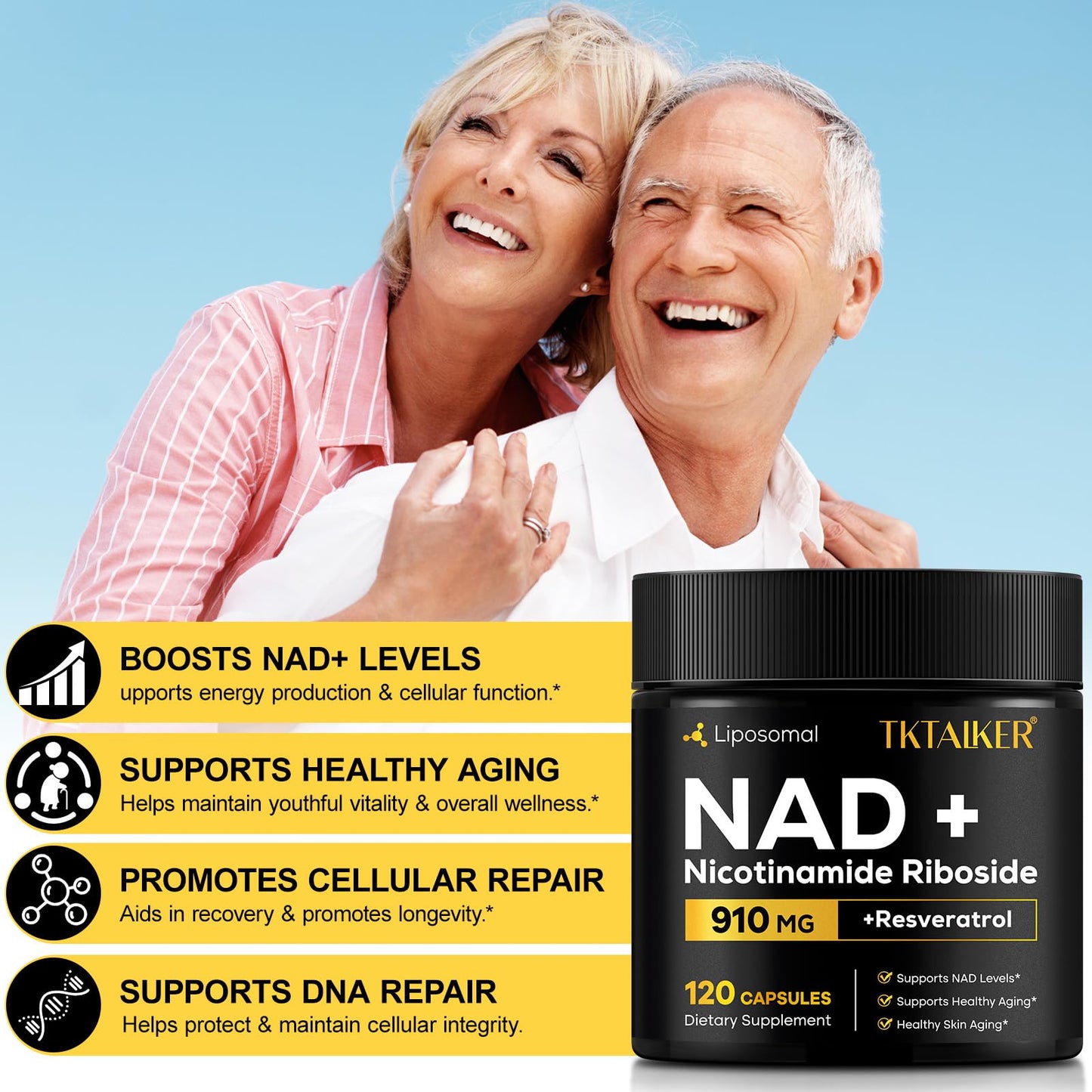 TKTALKER NAD Supplement 910mg Liposomal Nicotinamide Riboside with Resveratrol & Quercetin, 120 Capsules