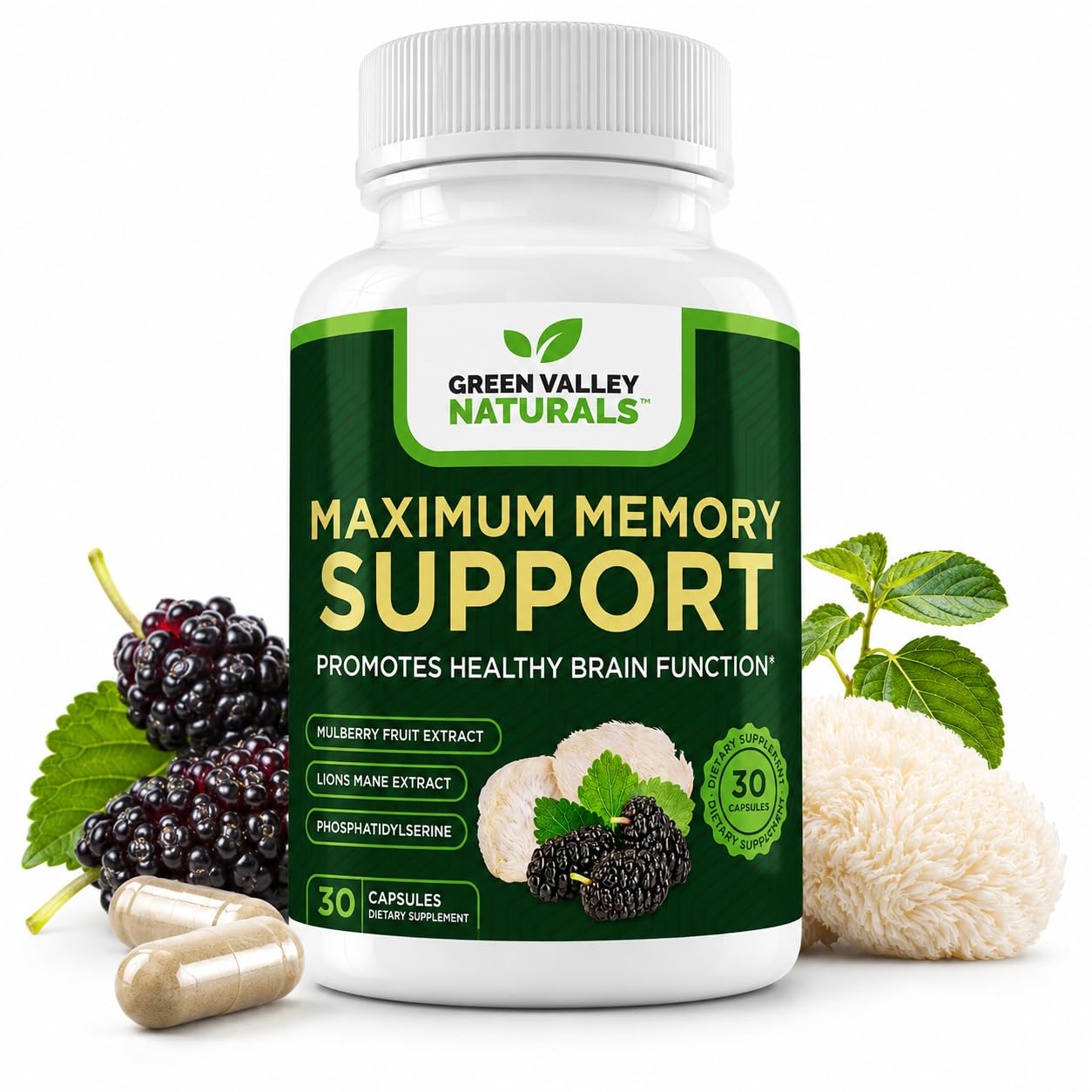 Green Valley Naturals Maximum Memory Support Cognitive Formula with Lion’s Mane, Mulberry, Phosphatidylserine & Methylated B-Vitamins Brain Health & Focus, 30 Capsules