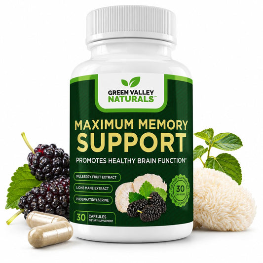 Green Valley Naturals Maximum Memory Support Cognitive Formula with Lion’s Mane, Mulberry, Phosphatidylserine & Methylated B-Vitamins Brain Health & Focus, 30 Capsules