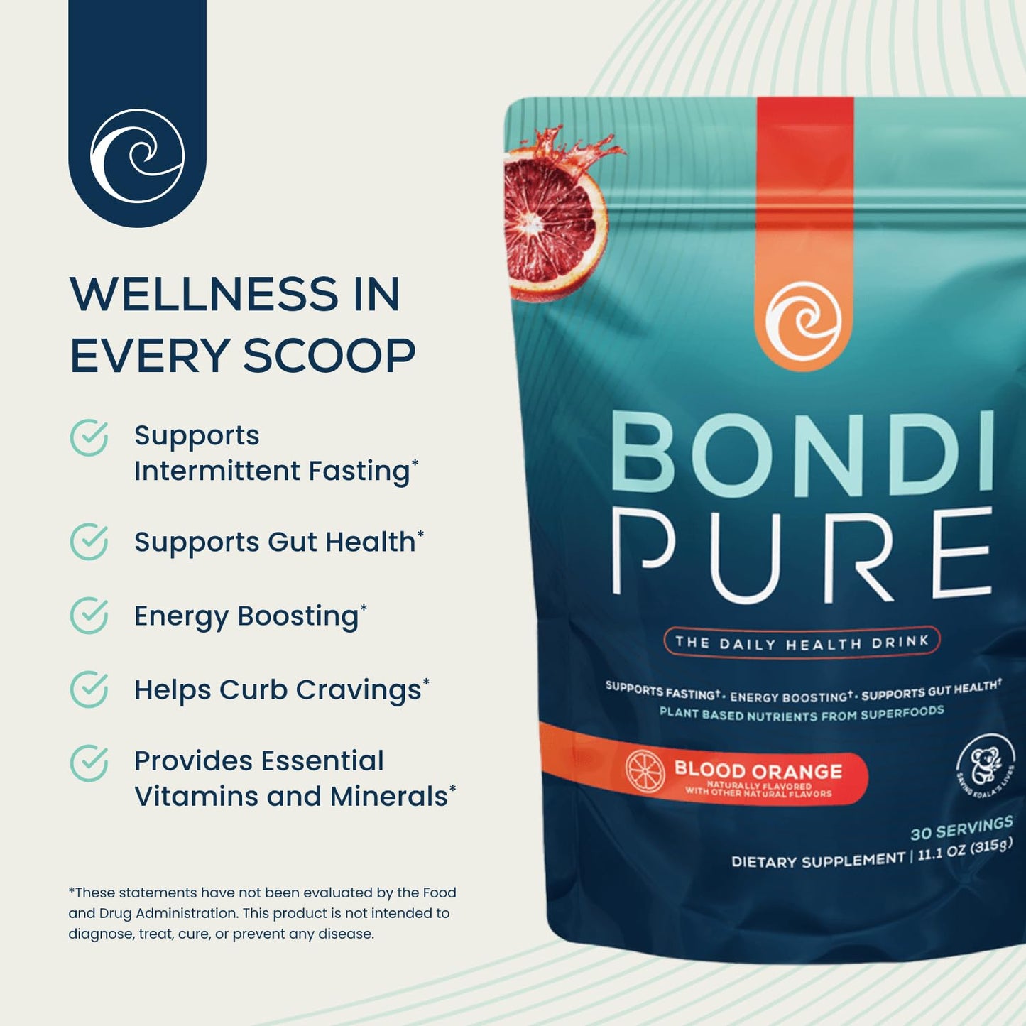 Bondi Pure Daily Health & Detox Drink Blood Orange Powder, 30 Servings